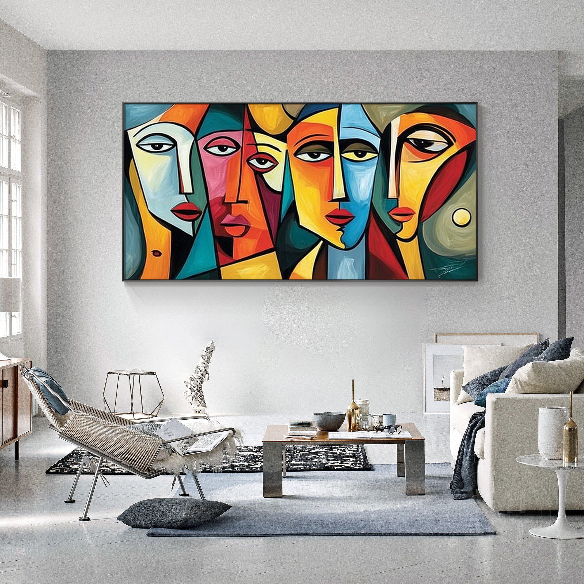 Hand‑painted horizontal cubist geometric abstract face portrait wall art for modern contemporary maximalist home decor