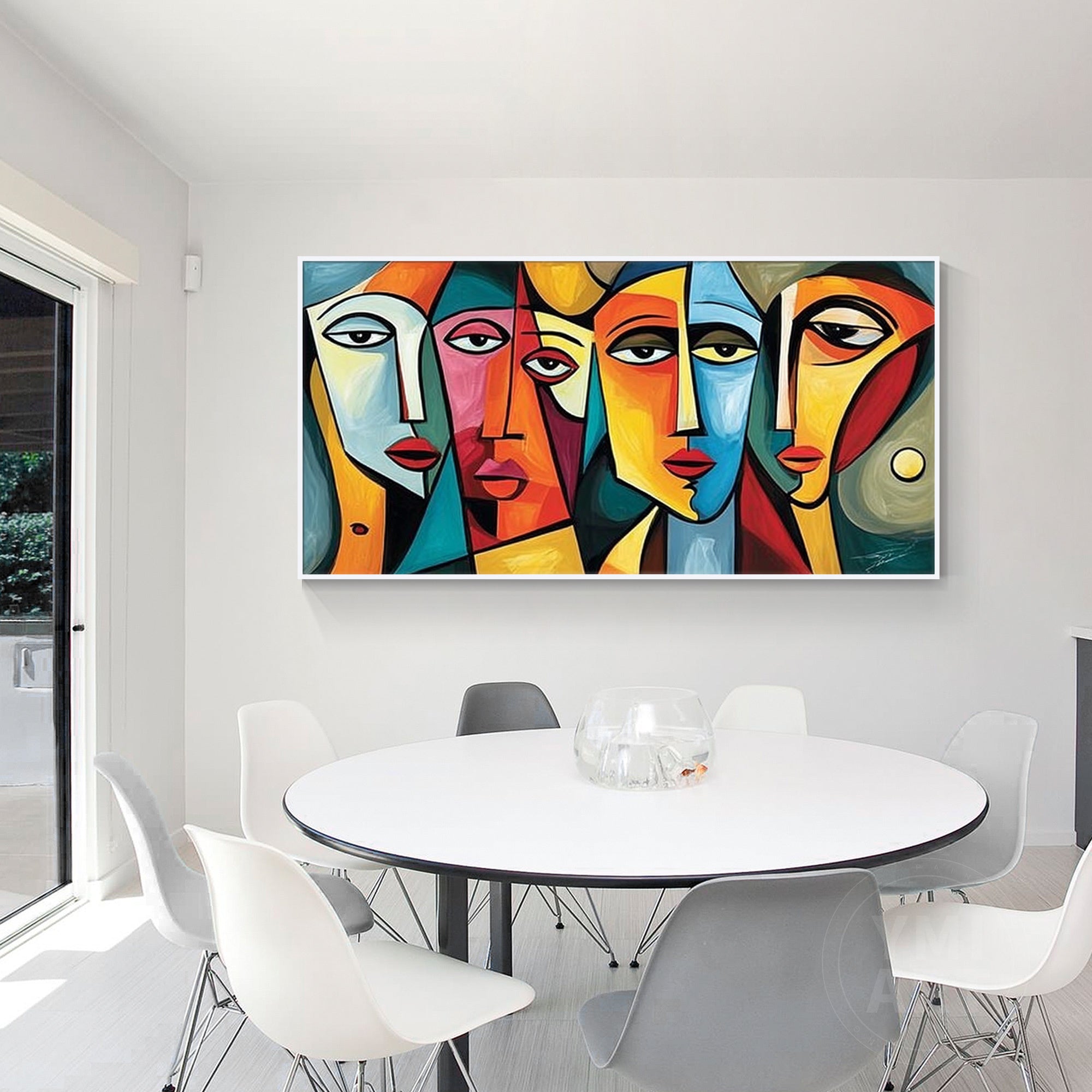 Hand‑painted horizontal cubist geometric abstract face portrait wall art for modern contemporary maximalist home decor