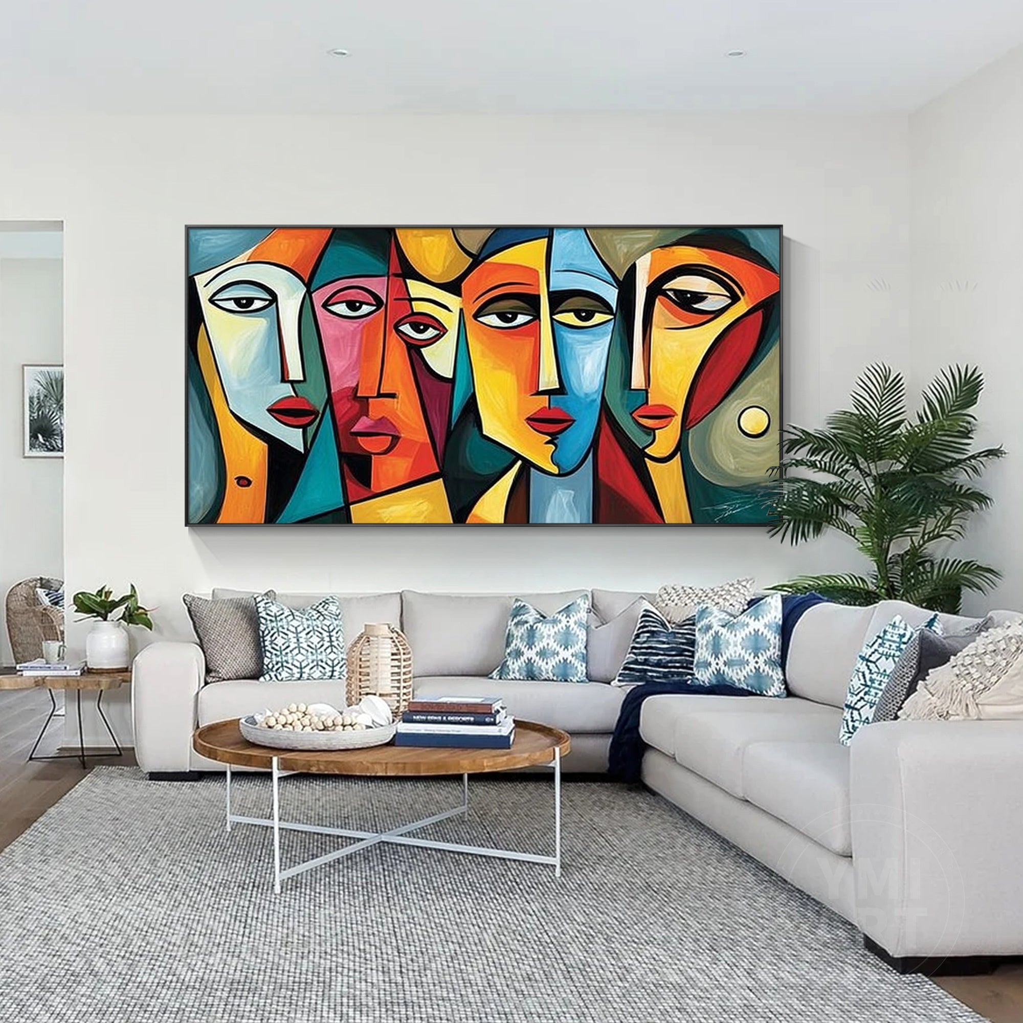 Hand‑painted horizontal cubist geometric abstract face portrait wall art for modern contemporary maximalist home decor
