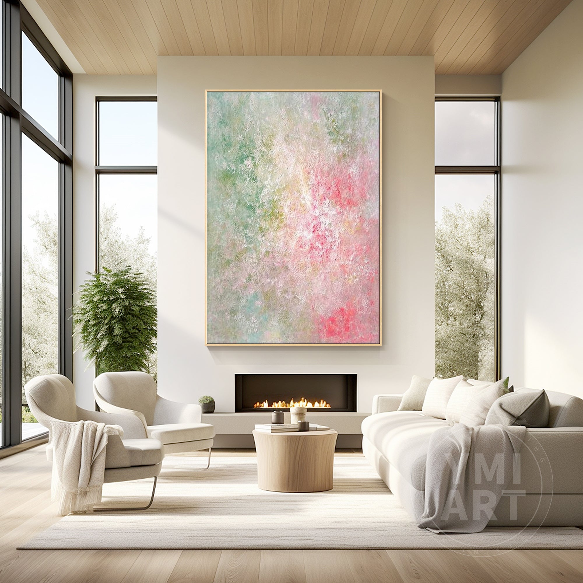 Vertical pastel pink green impasto oil painting, textured soft‑focus abstract spring floral canvas wall art
