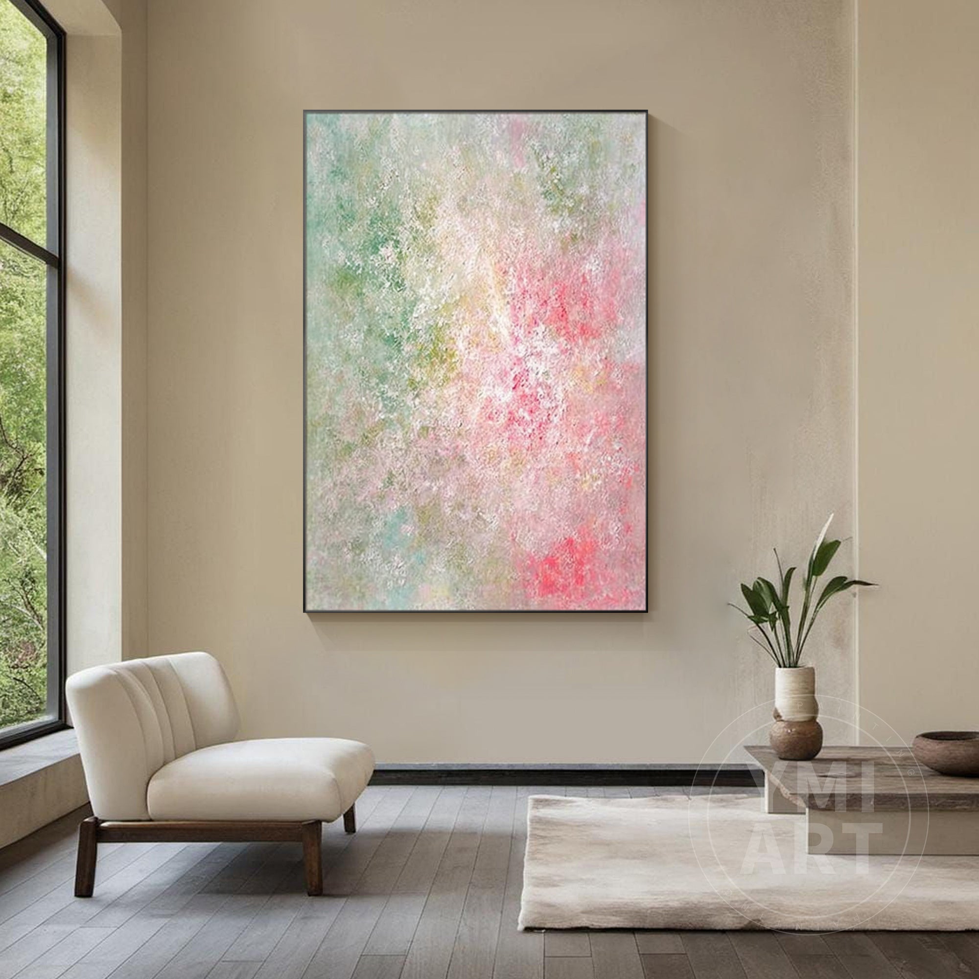 Vertical pastel pink green impasto oil painting, textured soft‑focus abstract spring floral canvas wall art