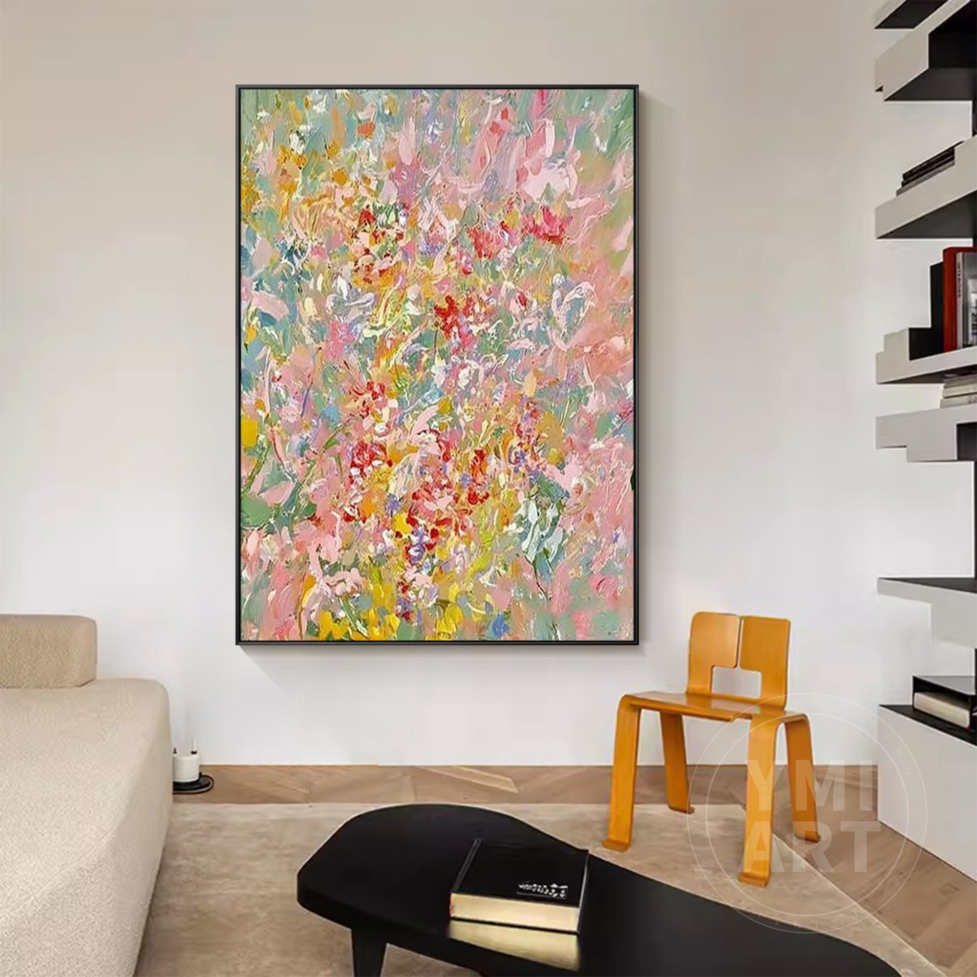 Hand‑painted vertical thick impasto textured abstract spring wildflower wall art with pastel pink yellow green blooms for boho cottagecore modern home decor