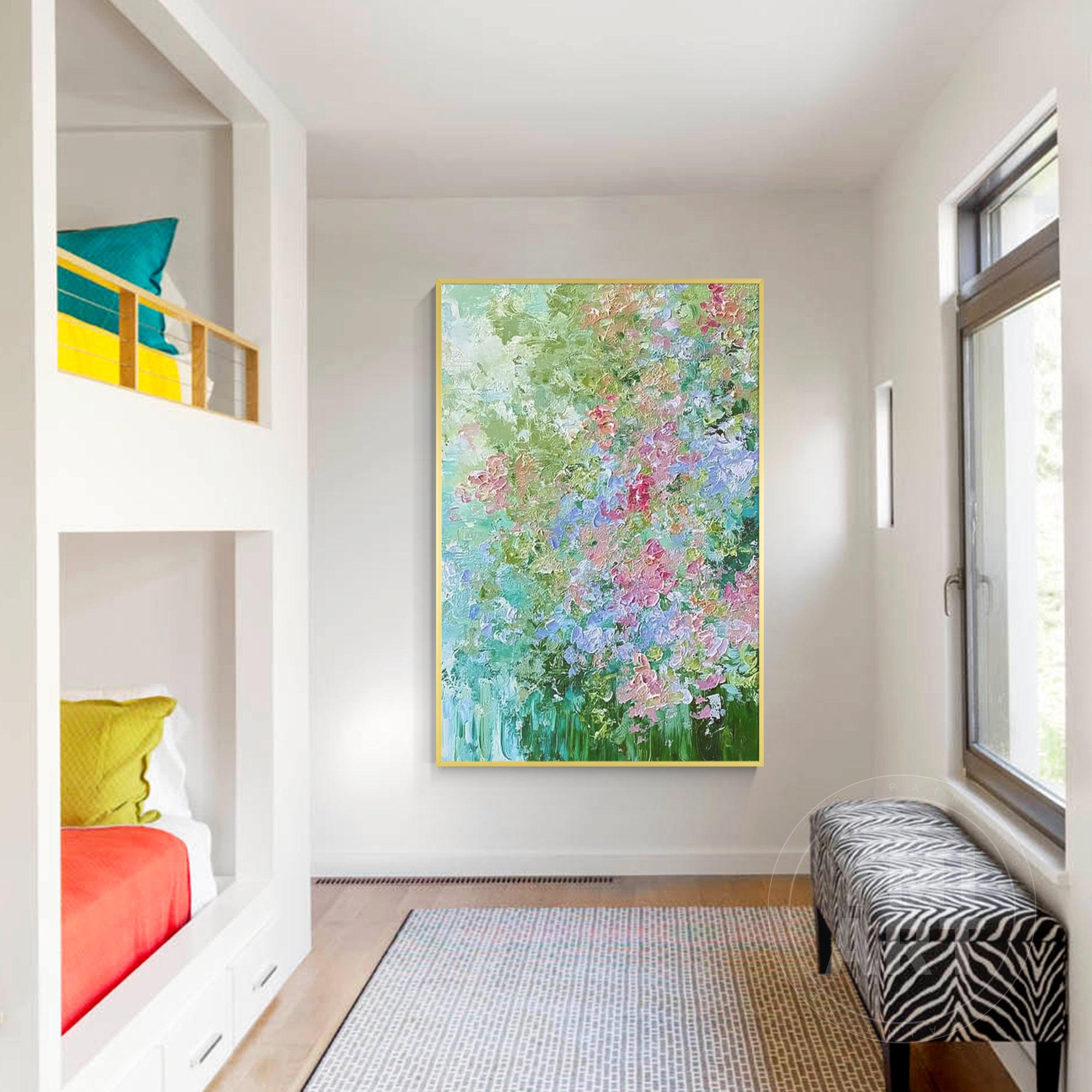Hand‑painted vertical drip‑style impasto textured abstract hydrangea floral wall art with green blue pink blooms and gold frame for boho cottagecore modern home decor