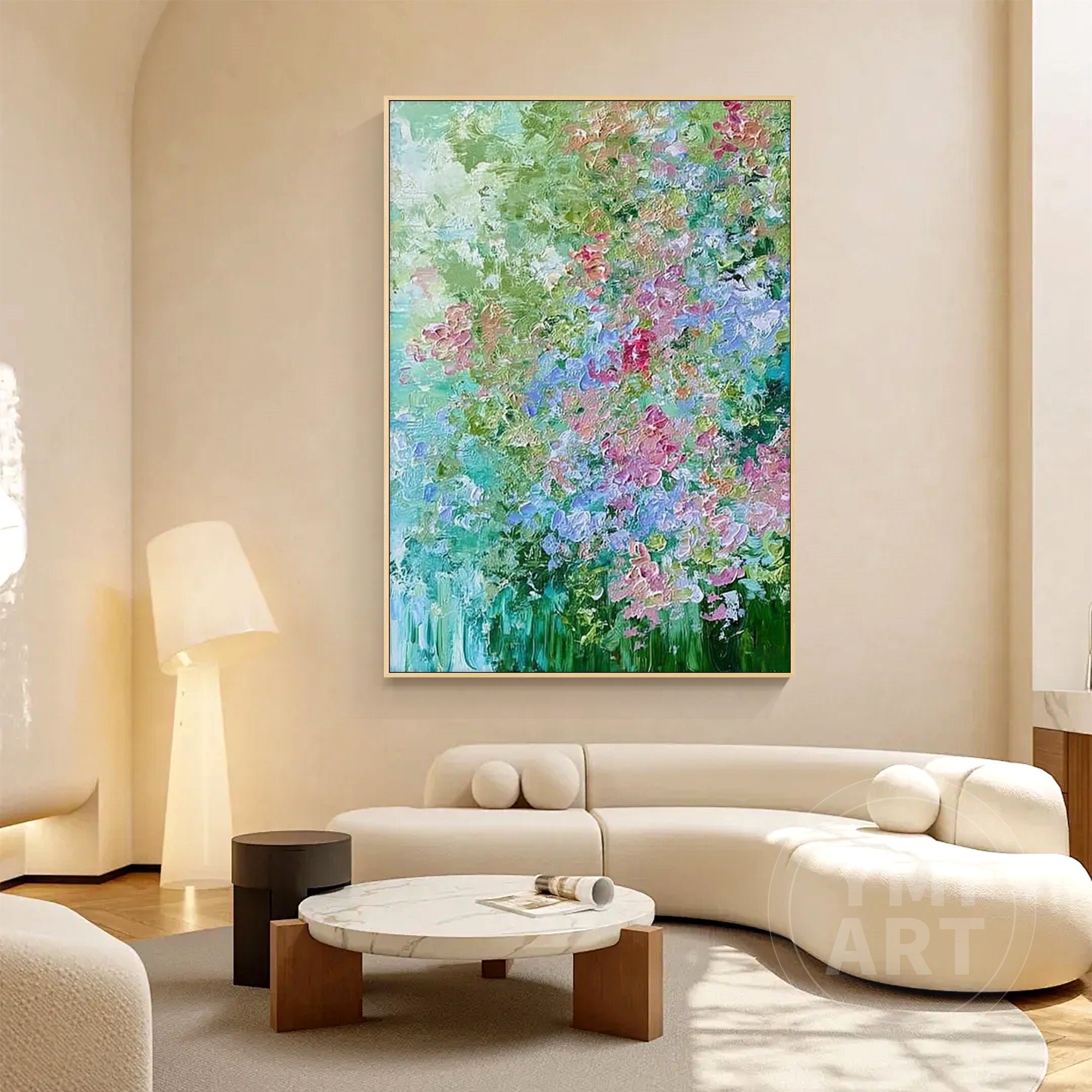 Hand‑painted vertical drip‑style impasto textured abstract hydrangea floral wall art with green blue pink blooms and gold frame for boho cottagecore modern home decor
