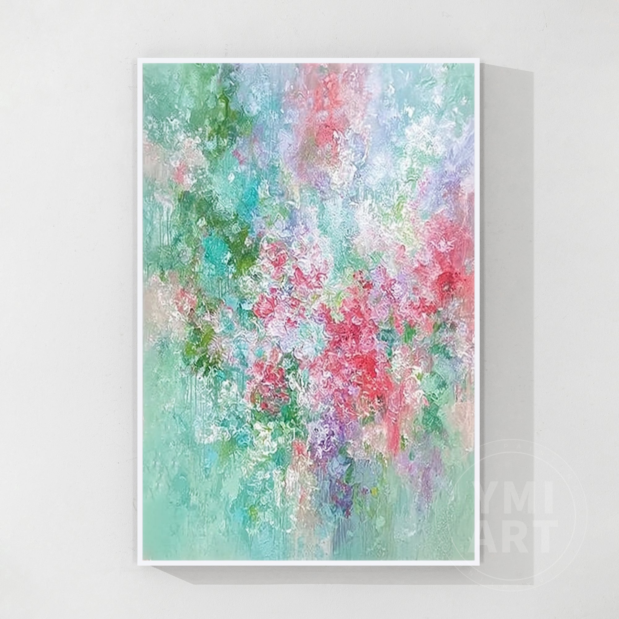 Hand‑painted vertical abstract impasto floral textured wall art with pastel green pink purple garden flowers for cottagecore boho modern home decor