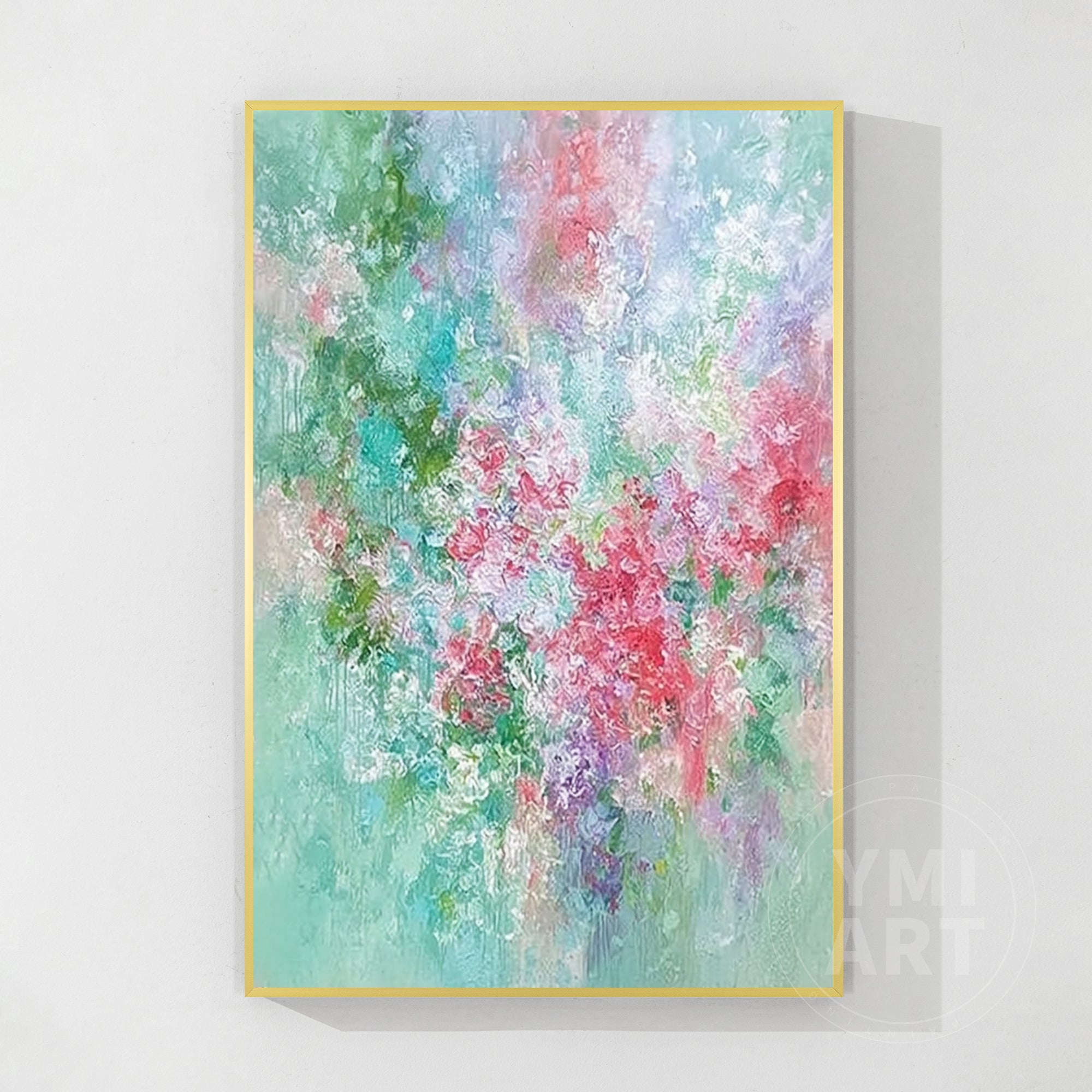 Hand‑painted vertical abstract impasto floral textured wall art with pastel green pink purple garden flowers for cottagecore boho modern home decor