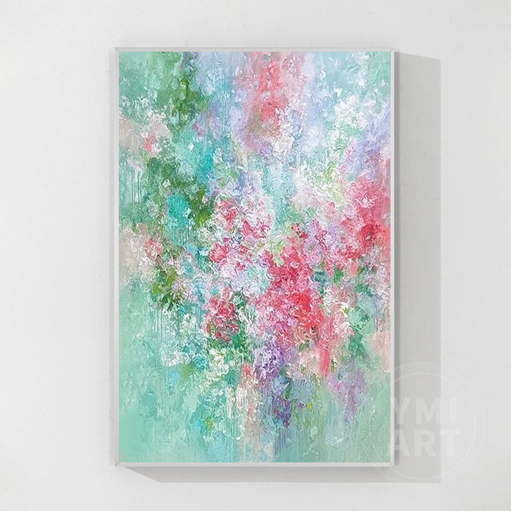 Hand‑painted vertical abstract impasto floral textured wall art with pastel green pink purple garden flowers for cottagecore boho modern home decor