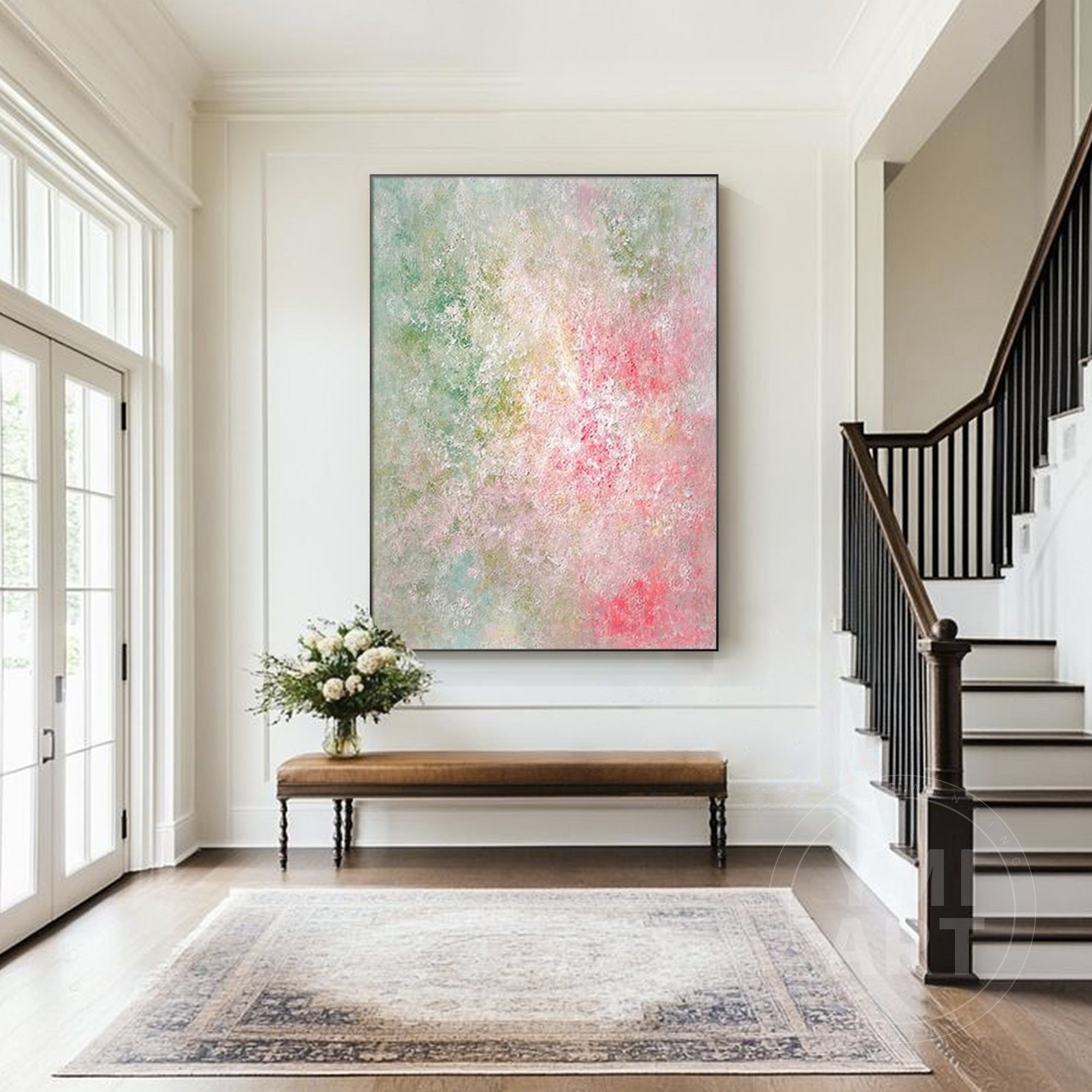 Vertical pastel pink green impasto oil painting, textured soft‑focus abstract spring floral canvas wall art