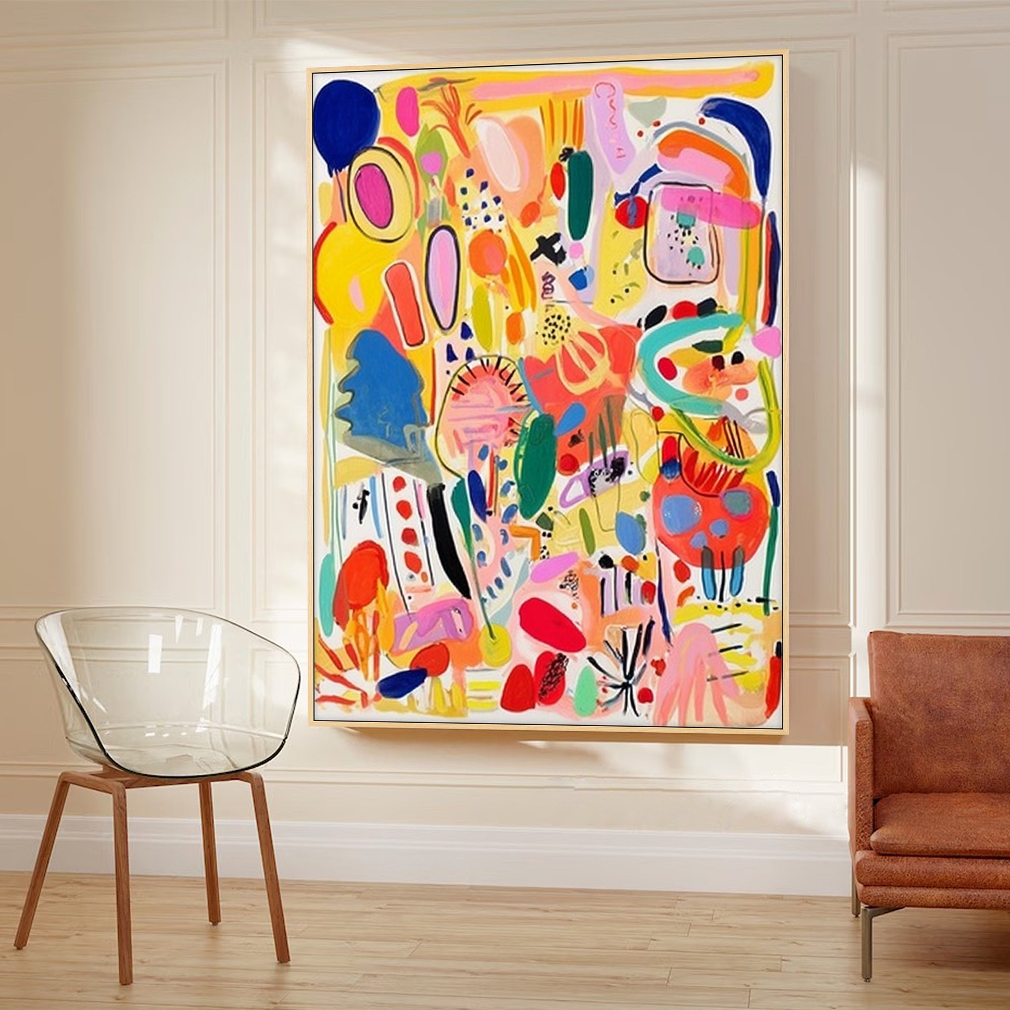 Hand‑painted vertical thick impasto textured colorful graffiti pop‑art abstract wall art with bold playful shapes for maximalist boho modern eclectic home decor