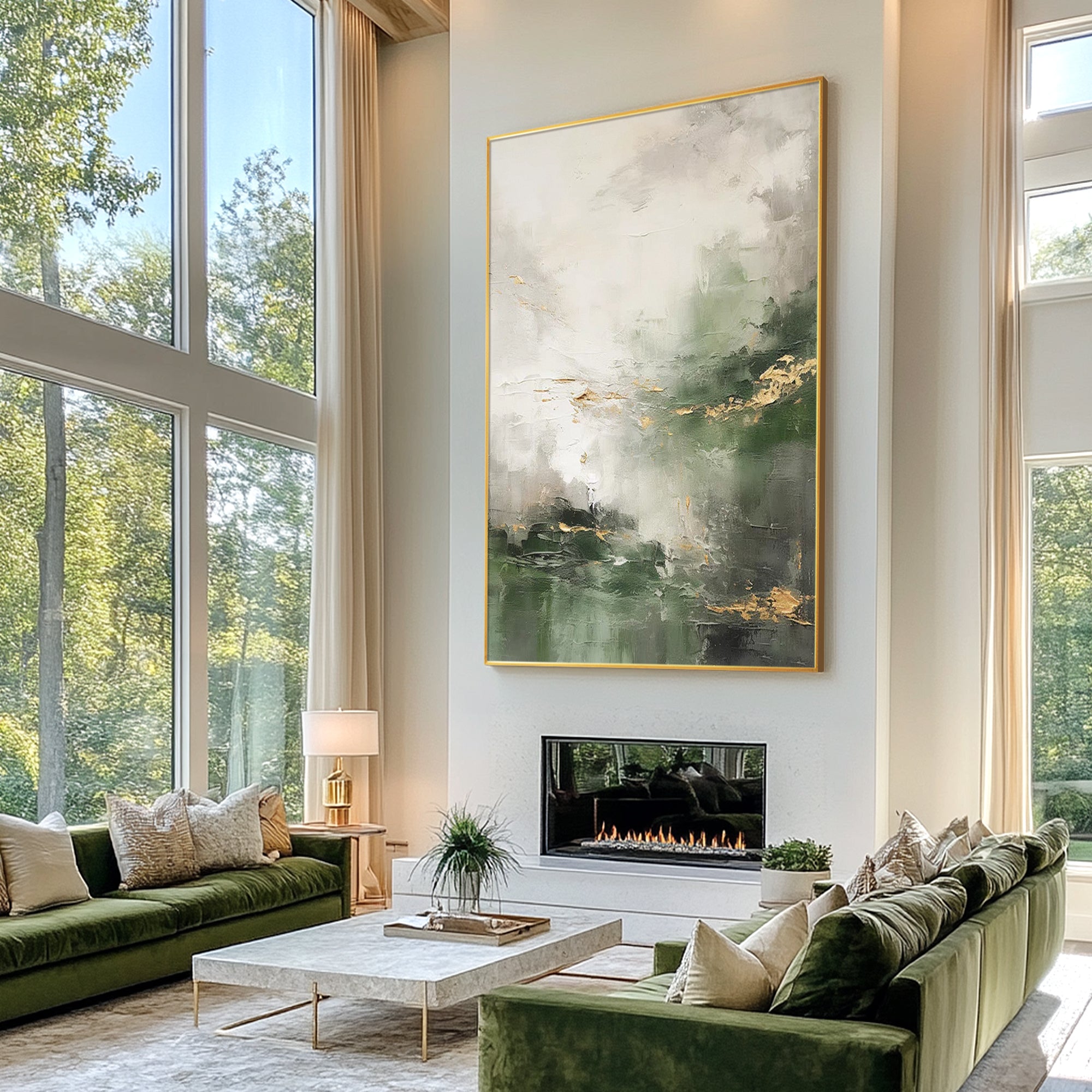 textured sage green gold foil abstract landscape wall art for wabi‑sabi japandi minimalist modern luxury home decor