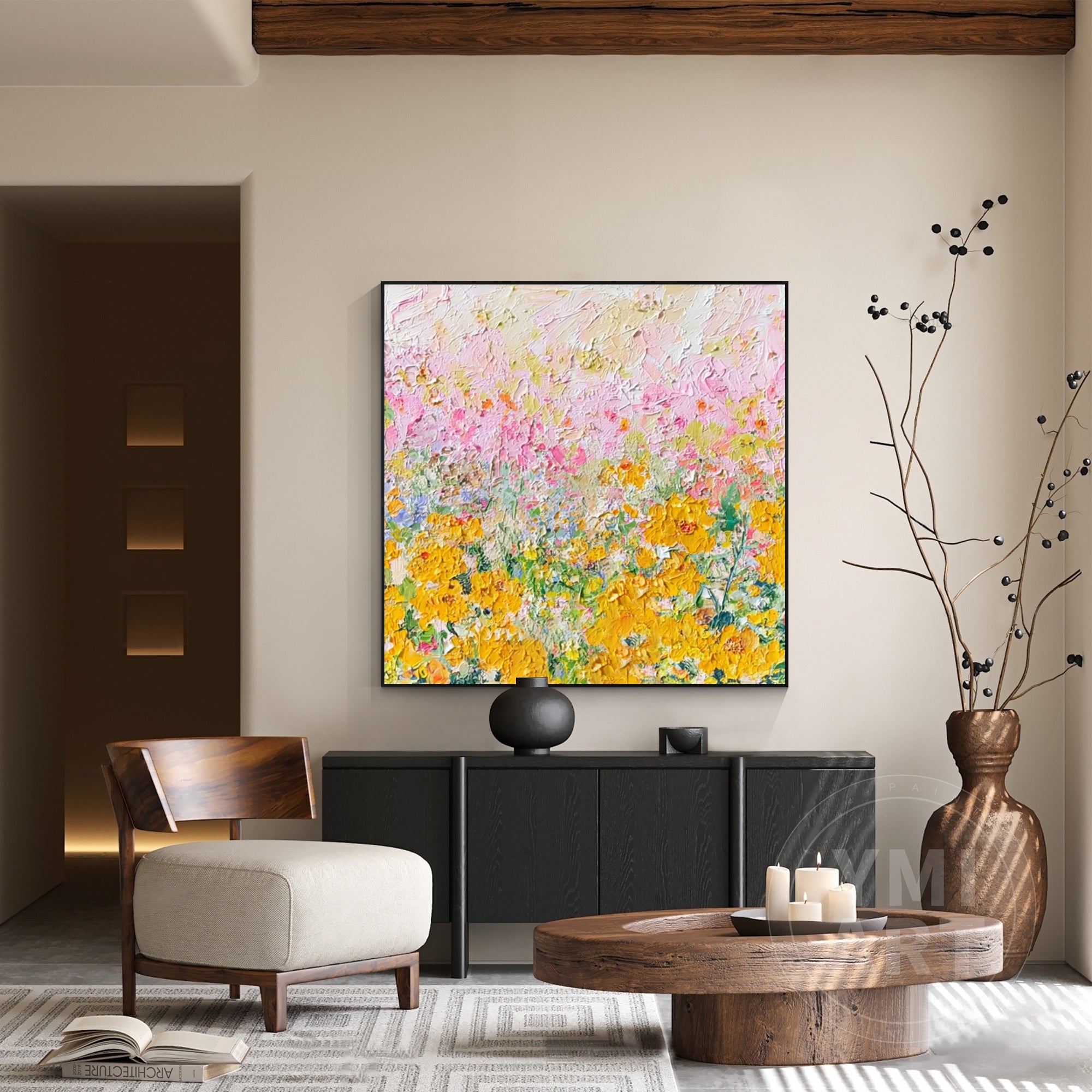 Thick 3D Textured Yellow Sunflower Abstract Floral Painting, Bright Nature Wall Decor for Boho Bedroom & Japandi Home