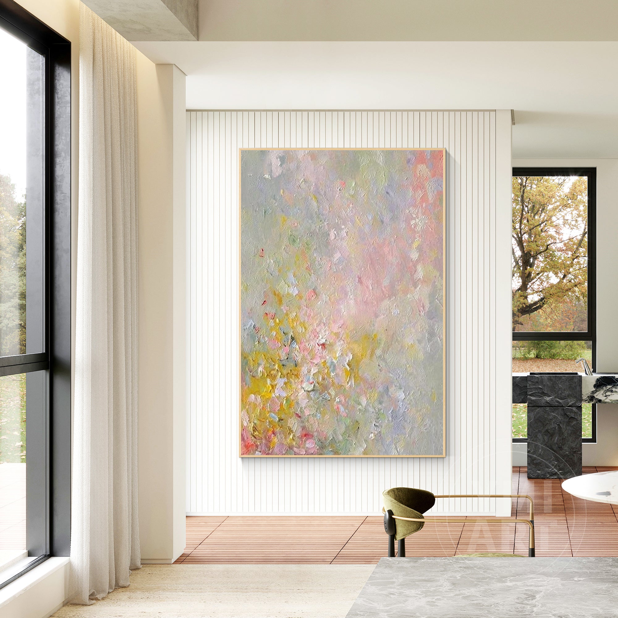 Vertical soft pastel wildflower impasto oil painting, textured impressionist blurred spring floral canvas wall art in pink yellow green neutral tones