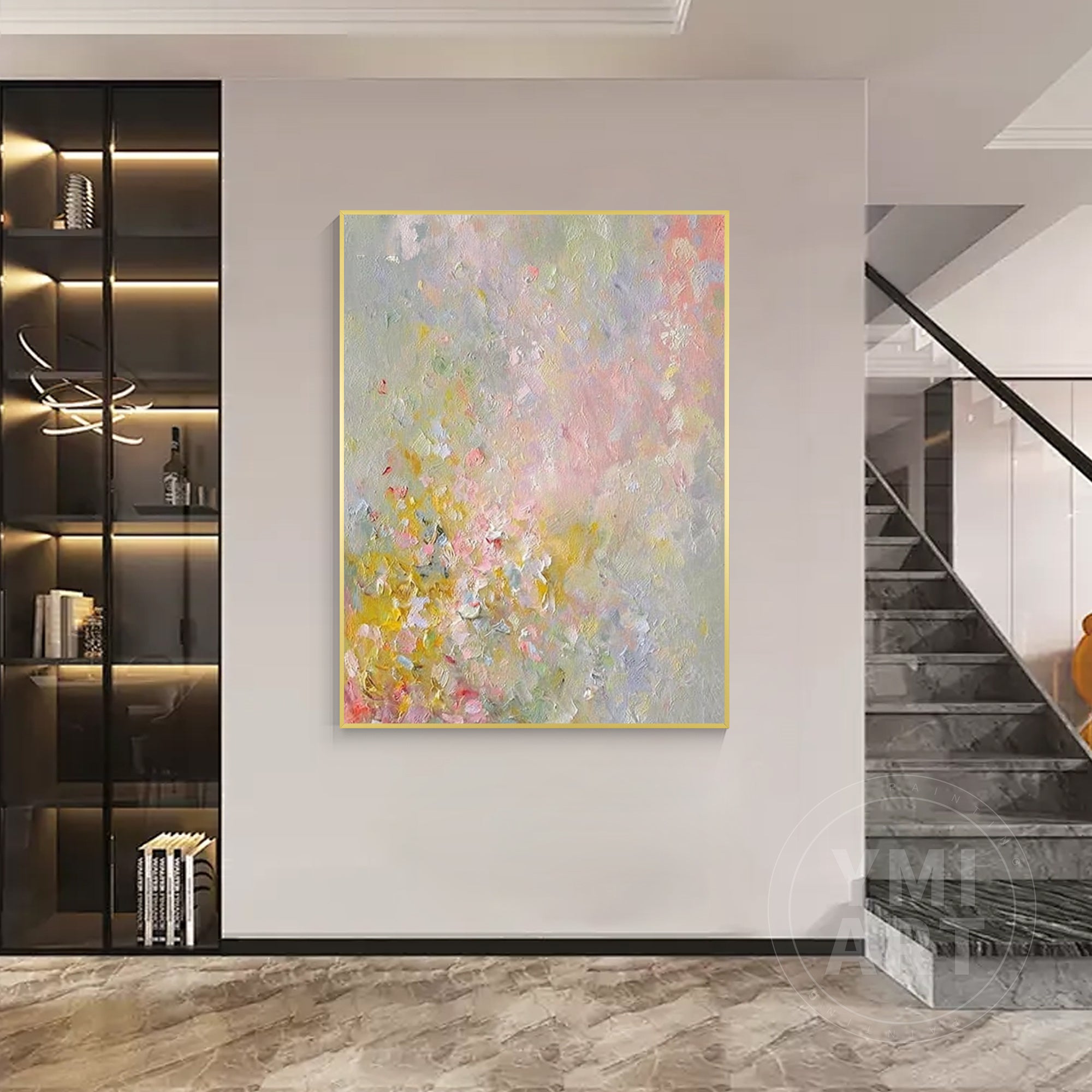 Vertical soft pastel wildflower impasto oil painting, textured impressionist blurred spring floral canvas wall art in pink yellow green neutral tones