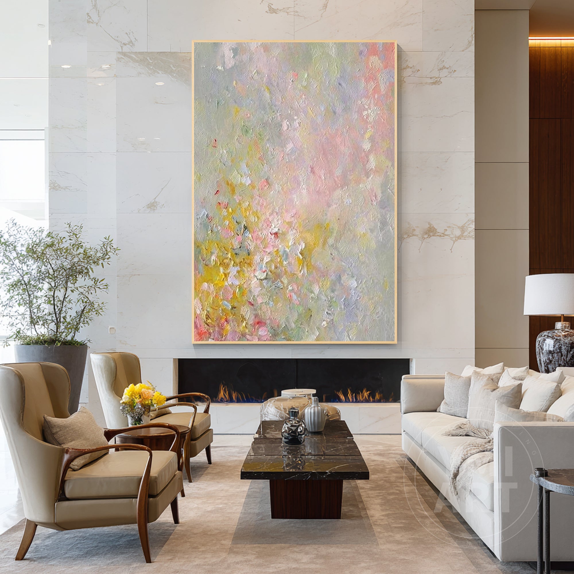 Vertical soft pastel wildflower impasto oil painting, textured impressionist blurred spring floral canvas wall art in pink yellow green neutral tones