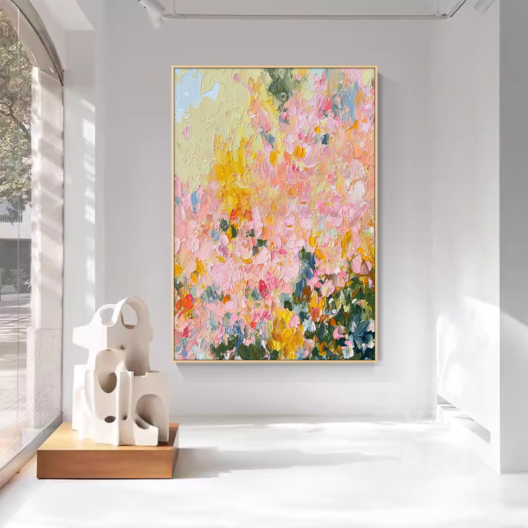 Hand‑painted vertical thick impasto textured abstract spring wildflower wall art with pink yellow green blooms and natural wood frame for boho cottagecore modern home decor