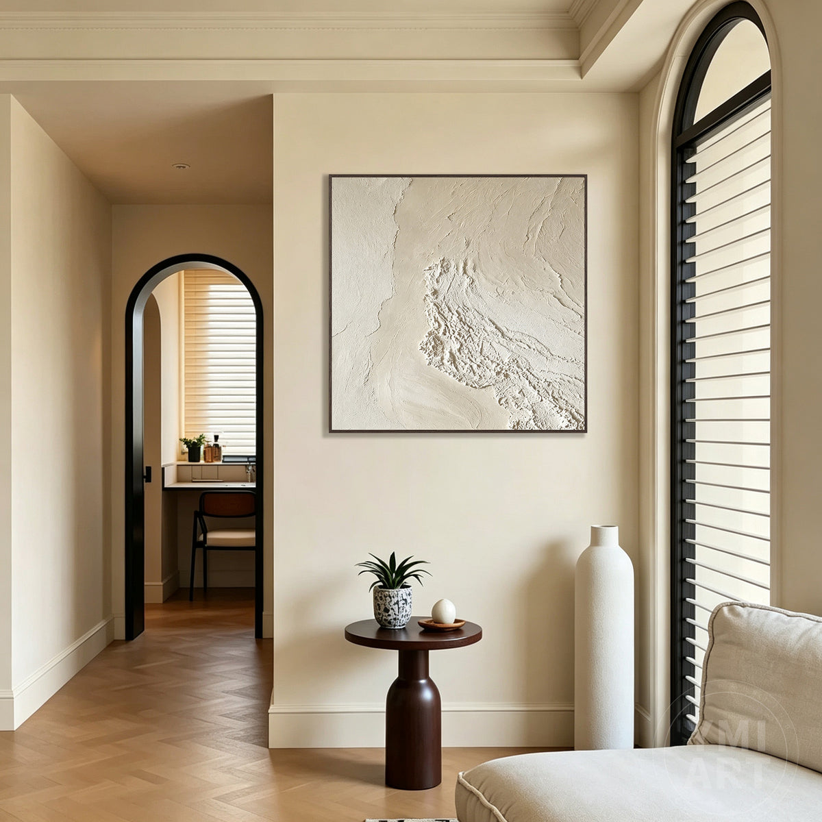 Modern neutral wall decor featuring layered textured abstract patterns