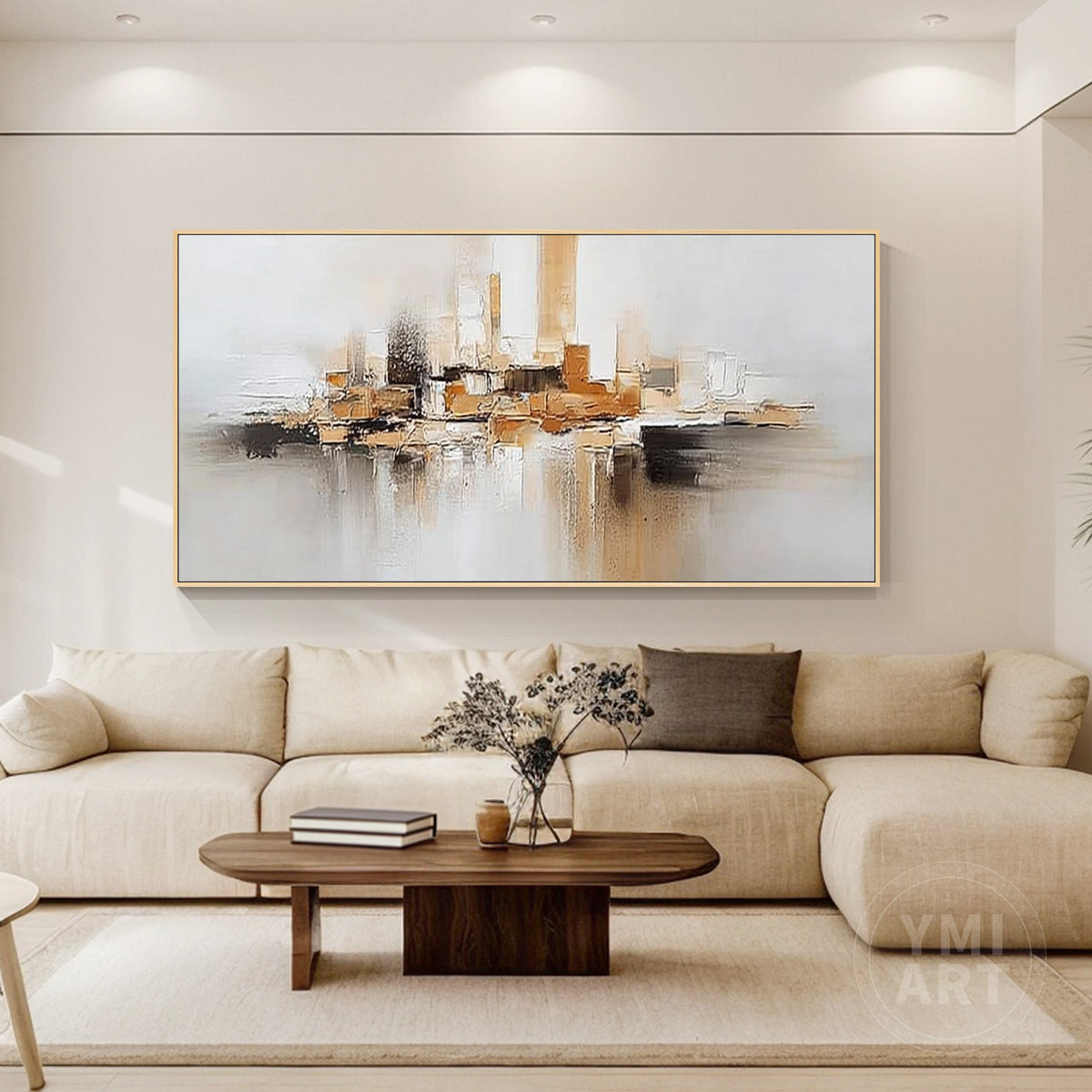 Contemporary abstract city wall decor in neutral beige, white and gold tones