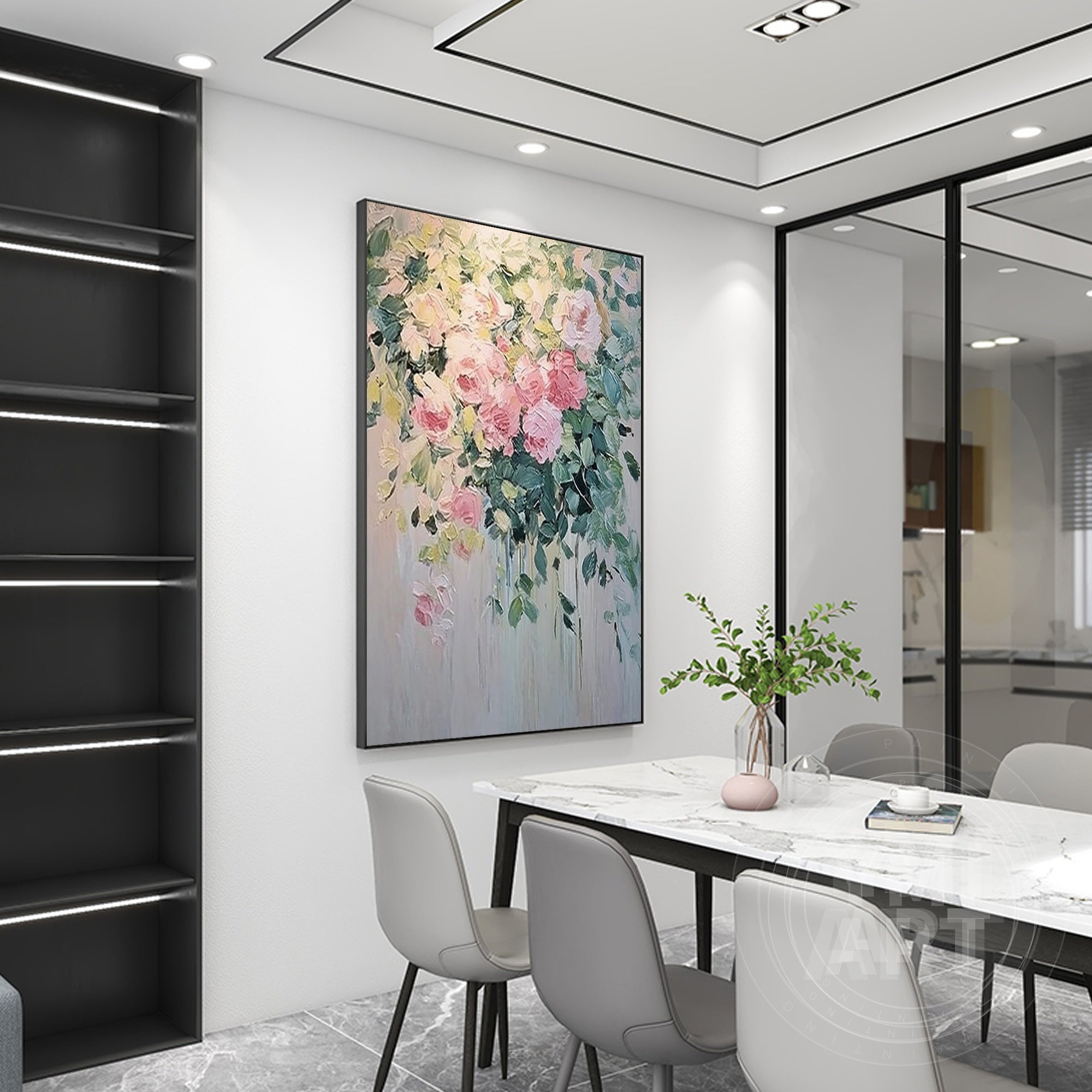 Hand‑painted vertical thick textured cascading blush pink rose floral wall art for french vintage cottagecore romantic modern home decor