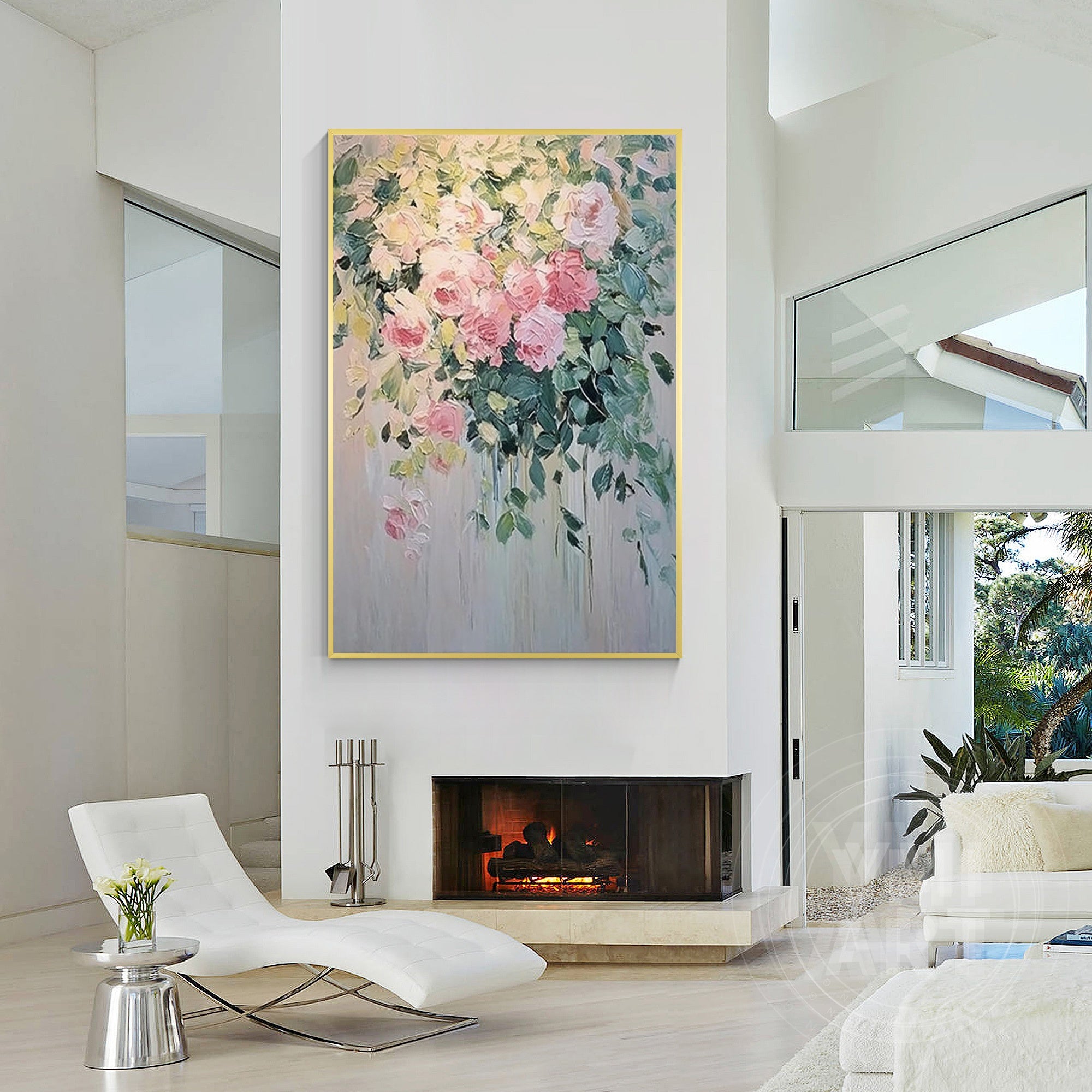 Hand‑painted vertical thick textured cascading blush pink rose floral wall art for french vintage cottagecore romantic modern home decor