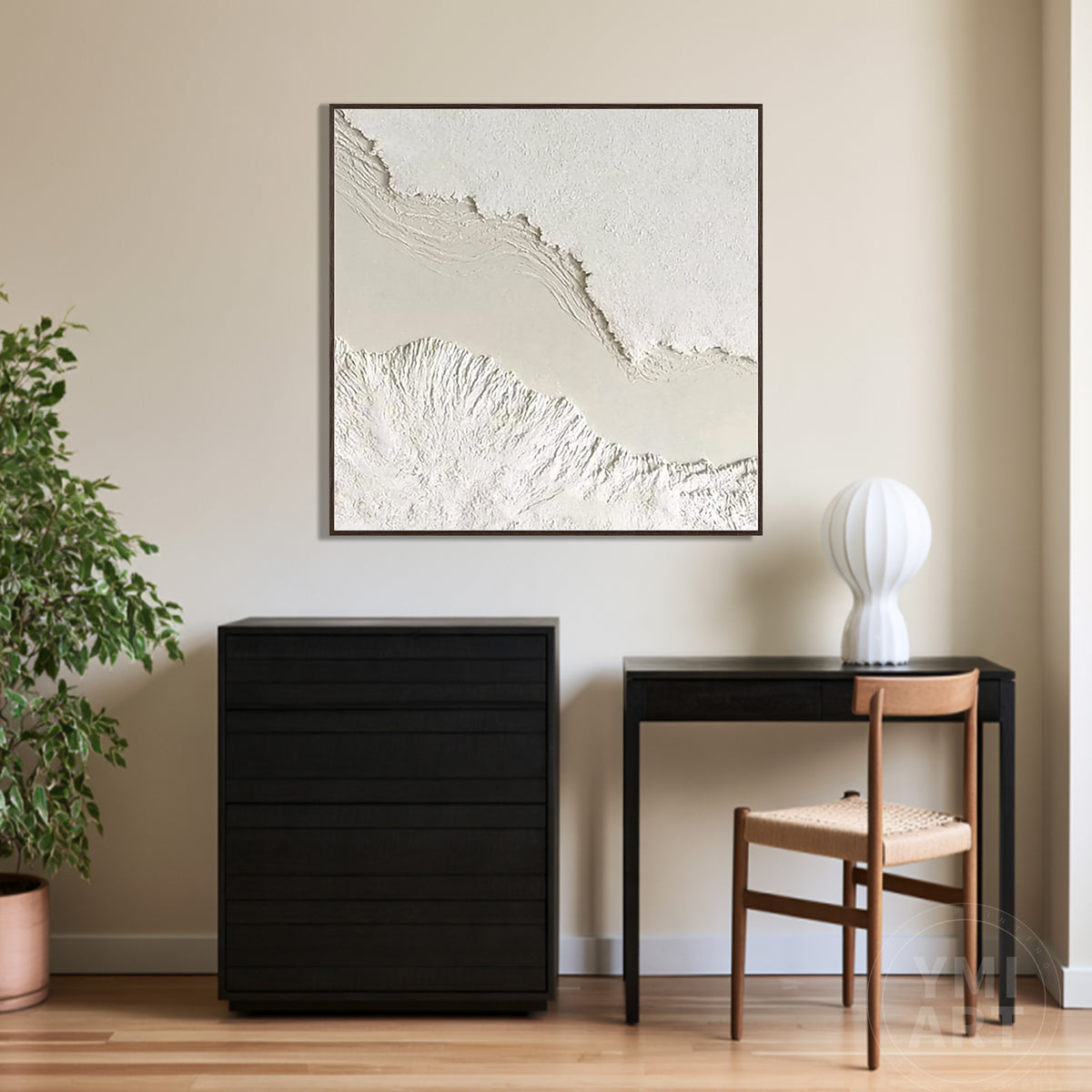 Large framed white neutral textured plaster wall art for contemporary bedroom and entryway decoration.