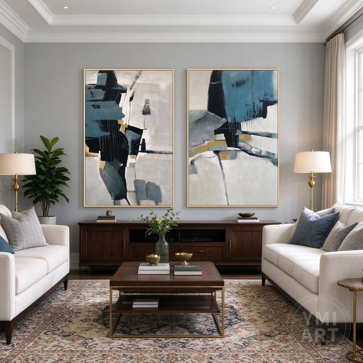 Blue and gray abstract diptych paintings displayed in wood frames in living room