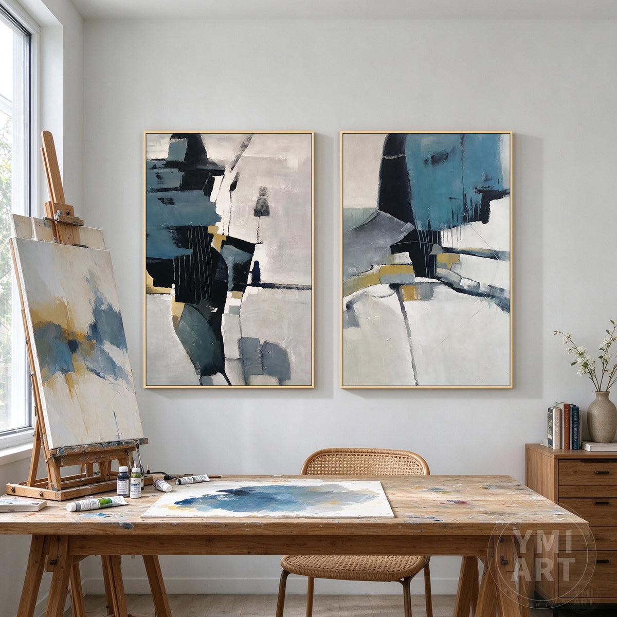 Close-up of textured abstract artwork with navy blue, teal, gray-white, and subtle golden details.