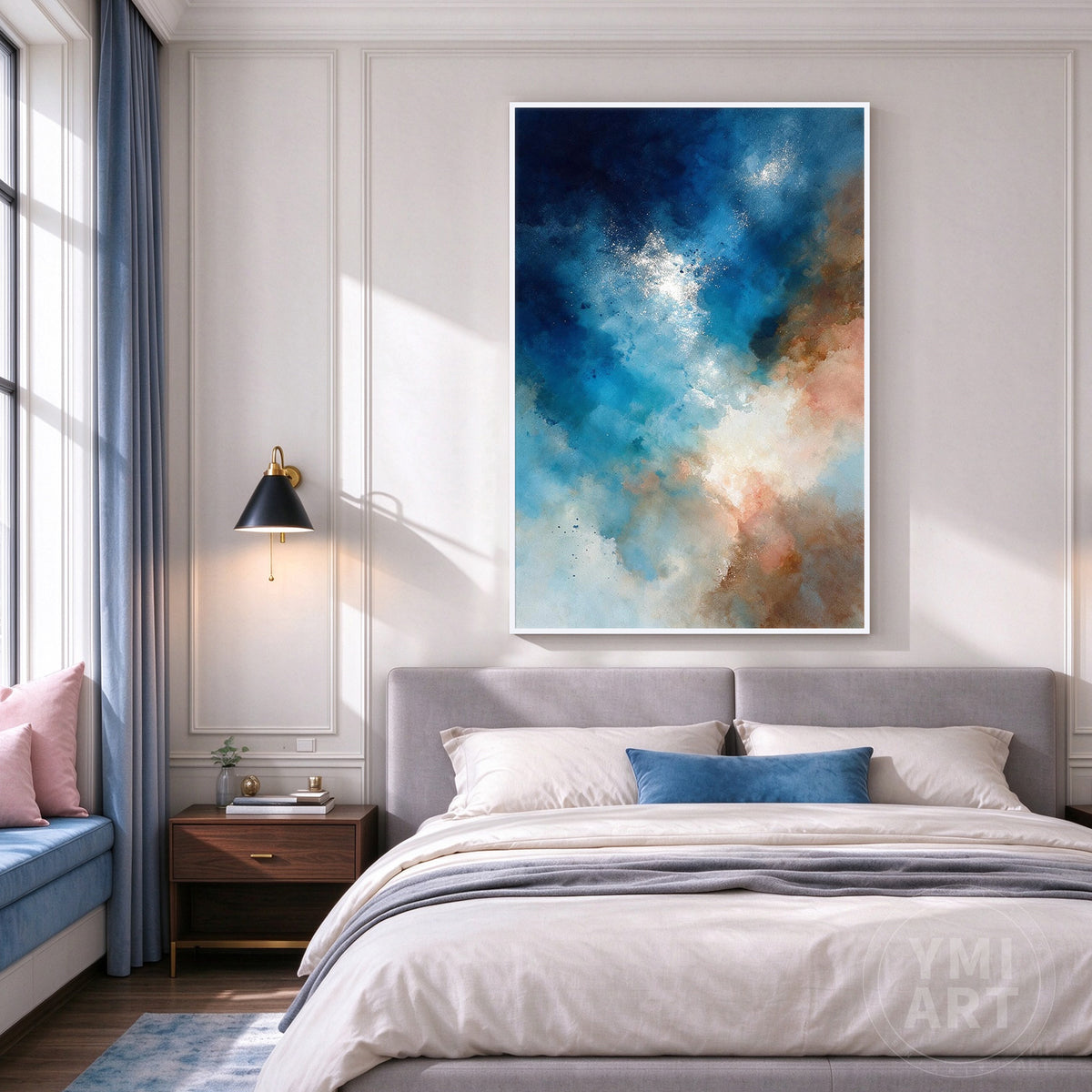 Side profile view displaying the depth and sleek finish of a white floating frame on vertical abstract canvas art.