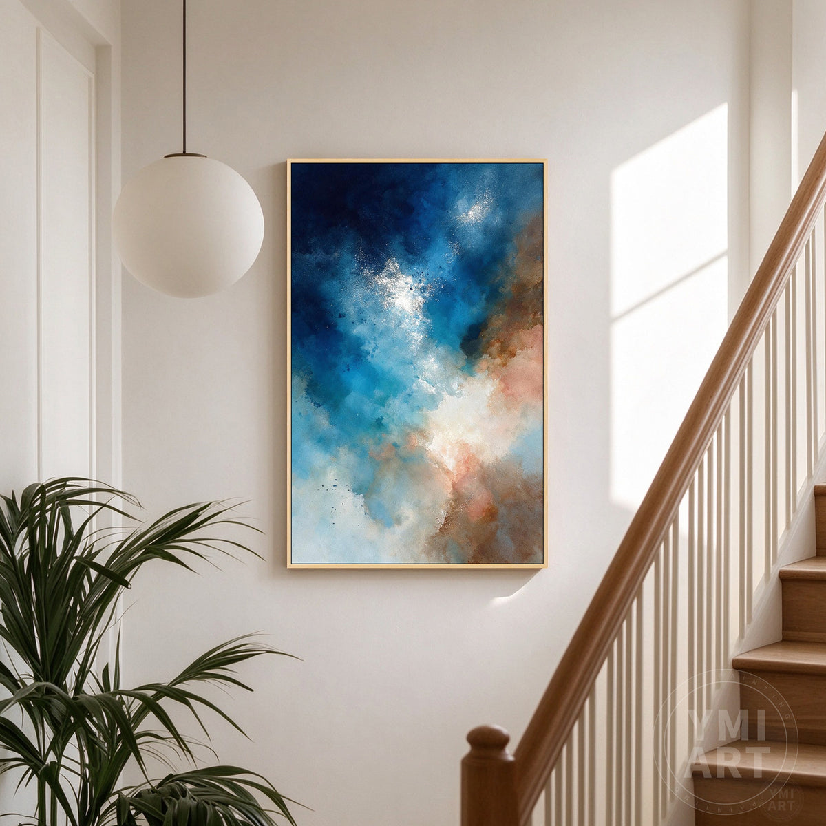 Framed celestial navy blue abstract artwork presented as a thoughtful interior decor gift for housewarming or birthdays.