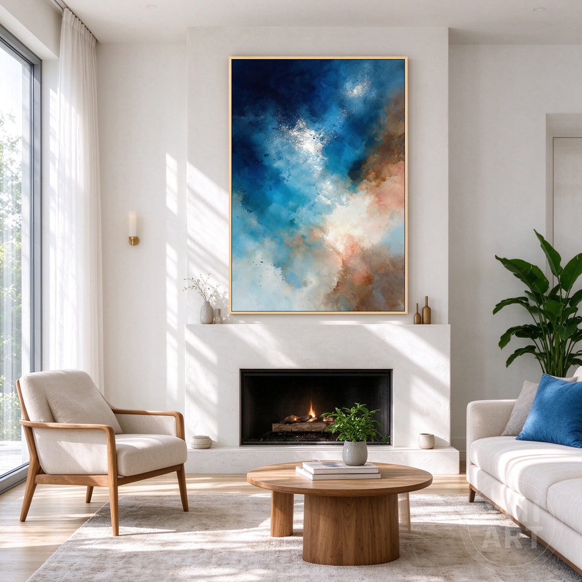 Vertical 2:3 ratio starry navy blue abstract canvas art displayed in a modern, brightly lit living room above a couch.