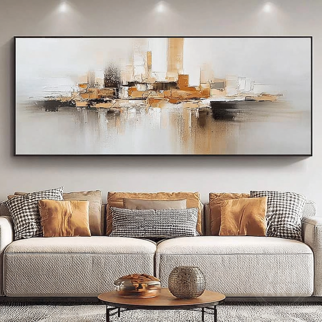 Neutral abstract cityscape canvas wall art with a soft contemporary design