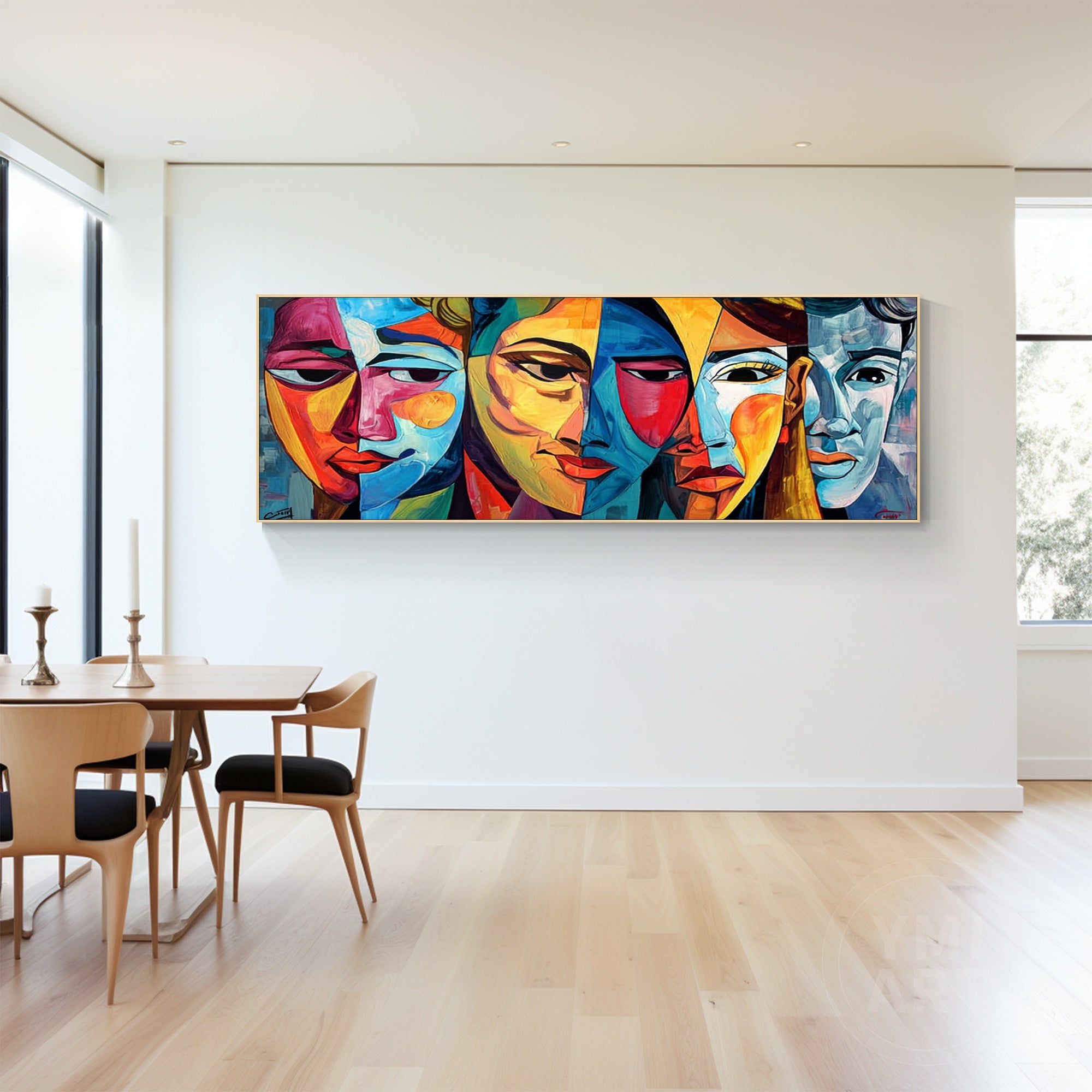 long horizontal thick textured cubist geometric abstract face wall art with vibrant blue yellow red purple tones for modern maximalist eclectic luxury home decor