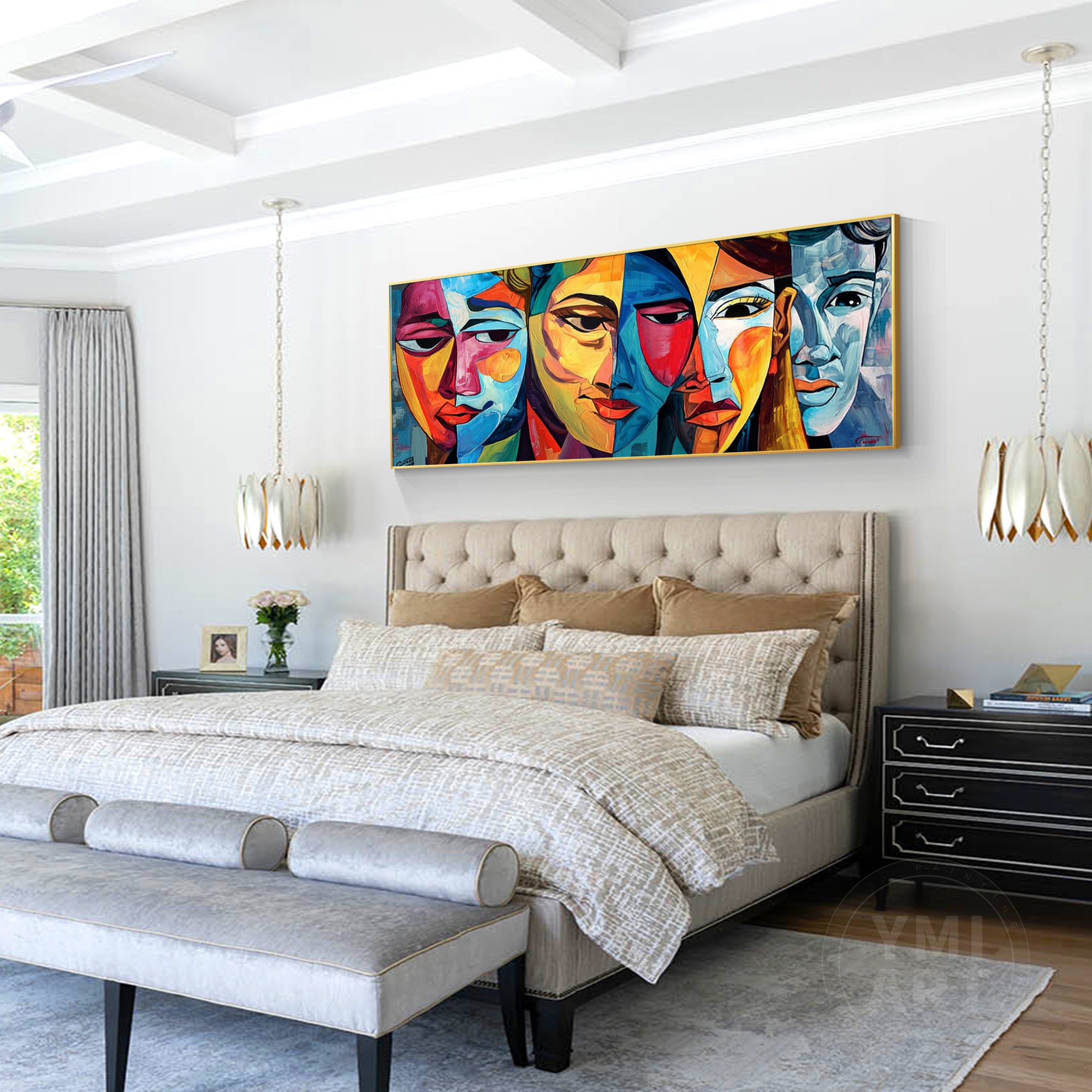 long horizontal thick textured cubist geometric abstract face wall art with vibrant blue yellow red purple tones for modern maximalist eclectic luxury home decor