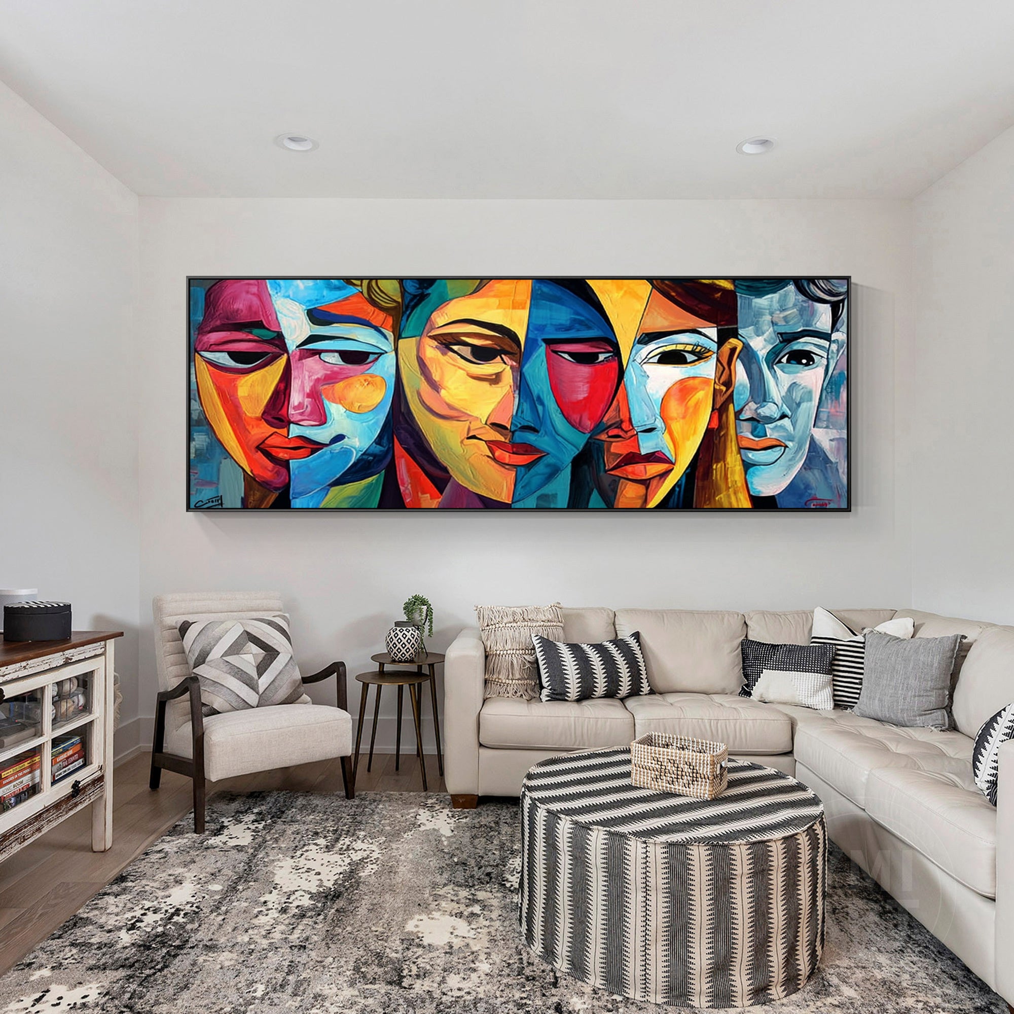 long horizontal thick textured cubist geometric abstract face wall art with vibrant blue yellow red purple tones for modern maximalist eclectic luxury home decor