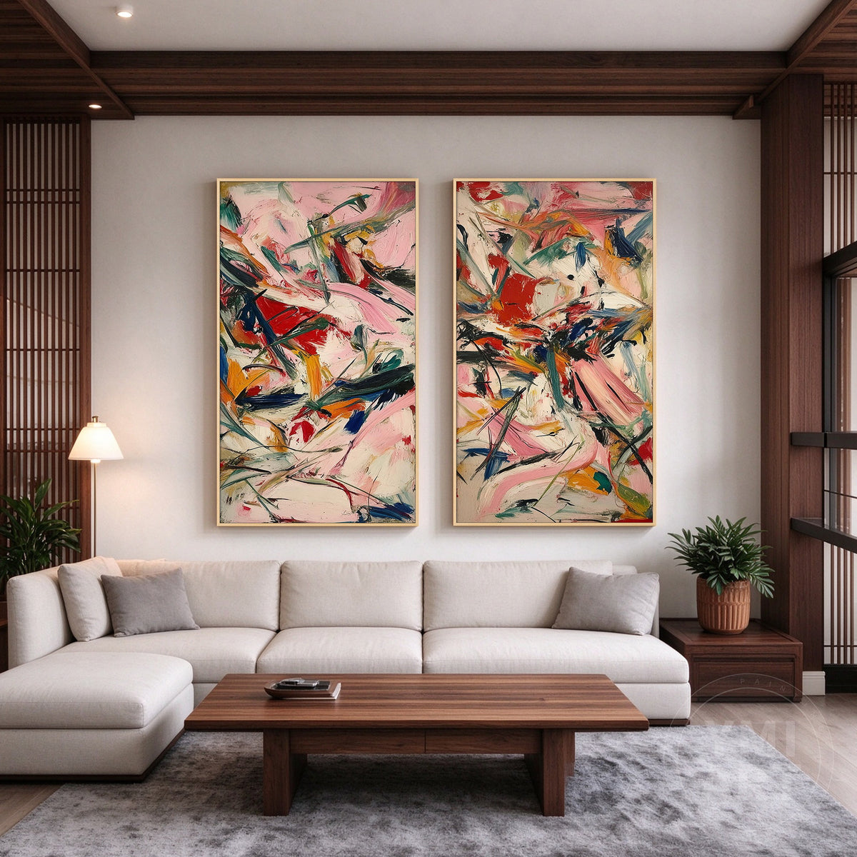 Two complementary vertical abstract paintings in pink, red, green, and ivory displayed as a coordinated diptych.