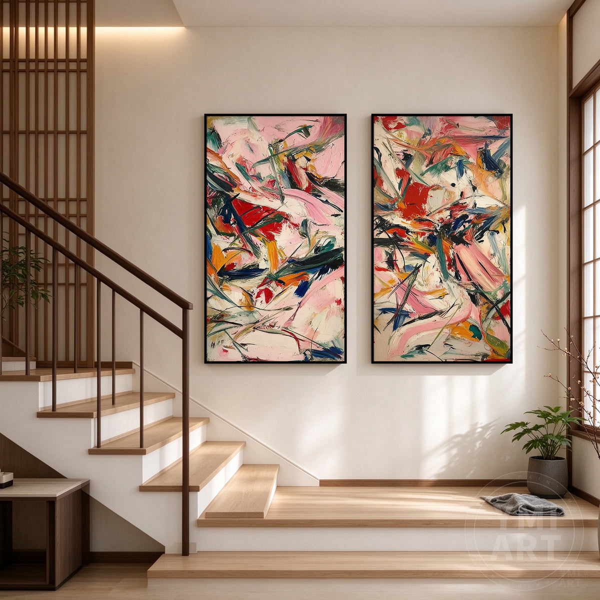 Colorful pink and red abstract diptych wall art with ivory, green, and yellow brushstrokes in a modern two-piece set.