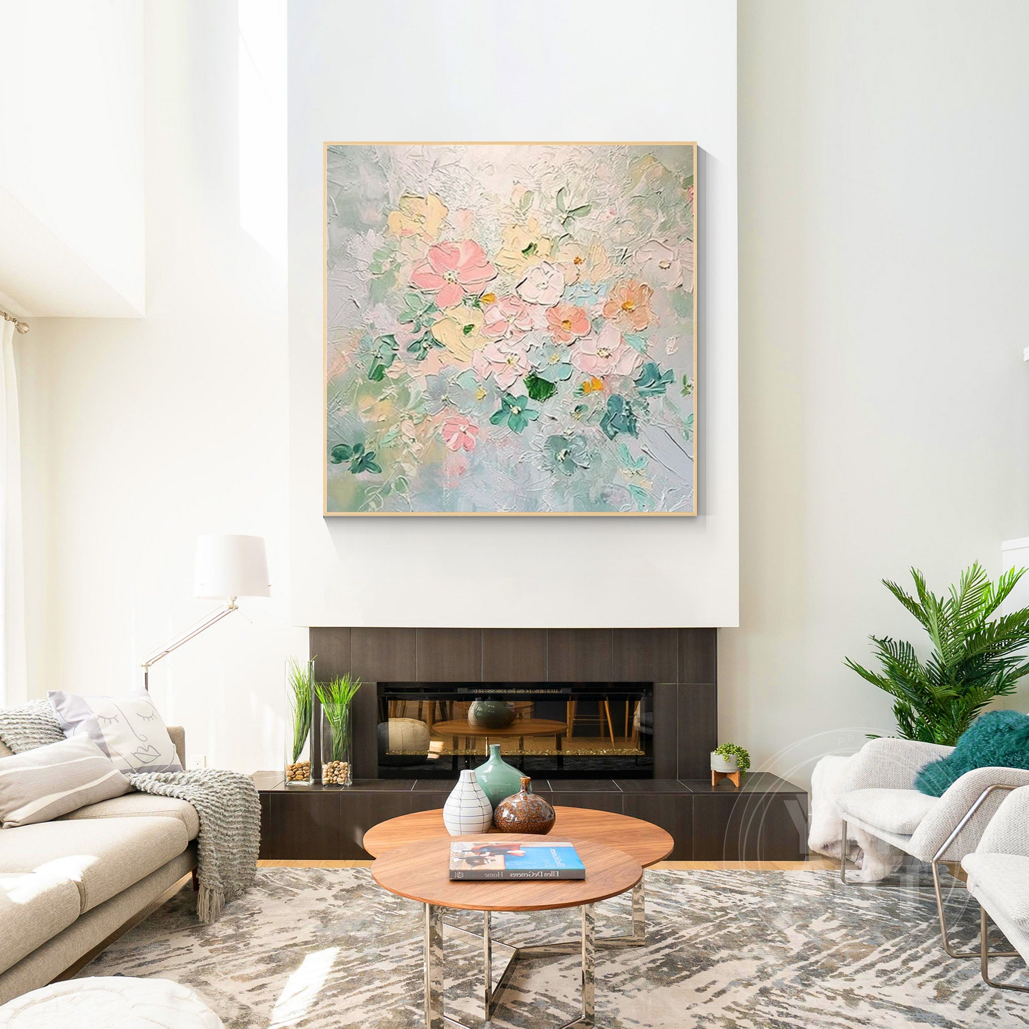 Hand‑painted square thick impasto textured pastel floral wall art with pink yellow green garden blooms and gold frame for cottagecore boho japandi modern home decor