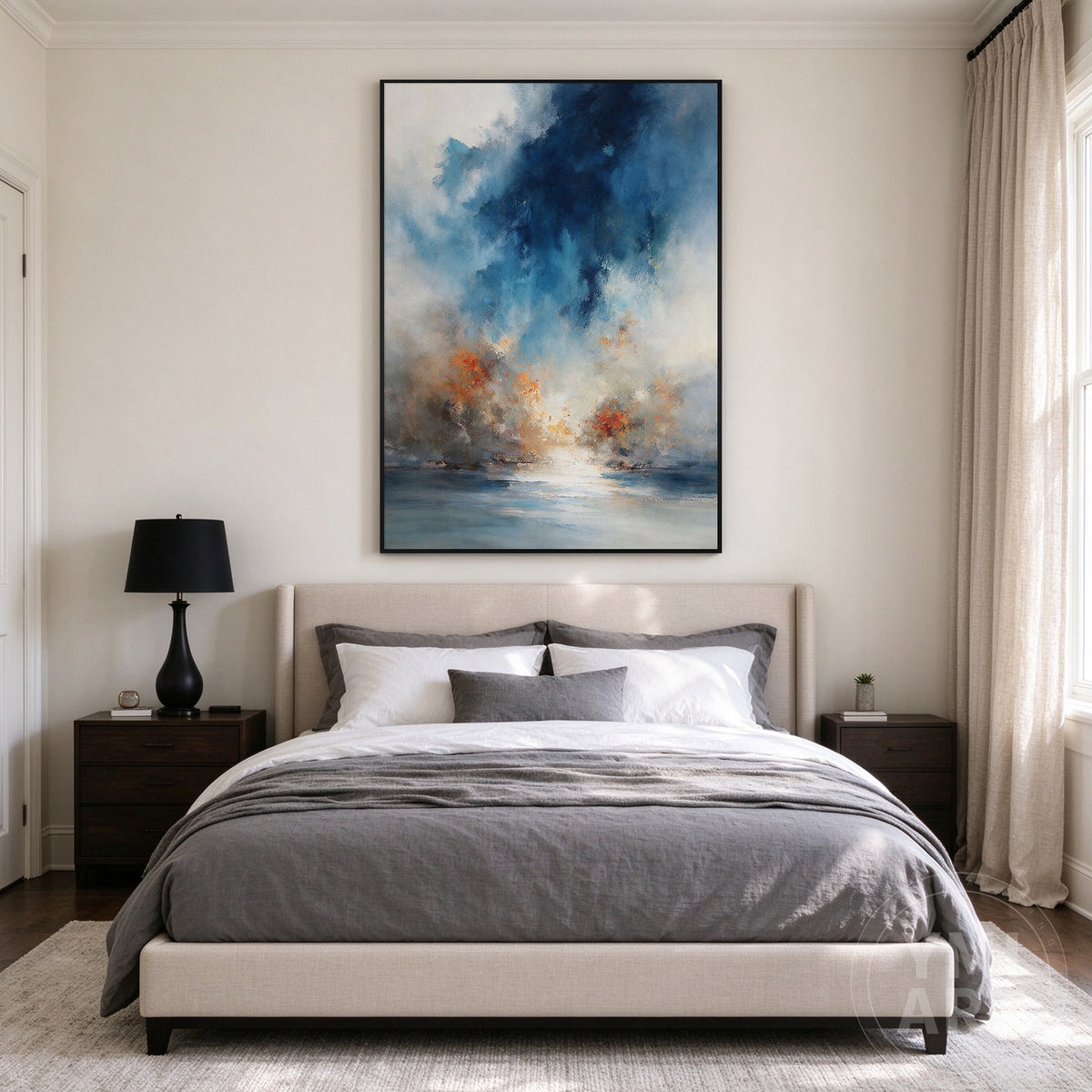 Blue abstract wall art featuring navy, sky blue, ivory, cream, and rust-orange accents in a vertical composition.