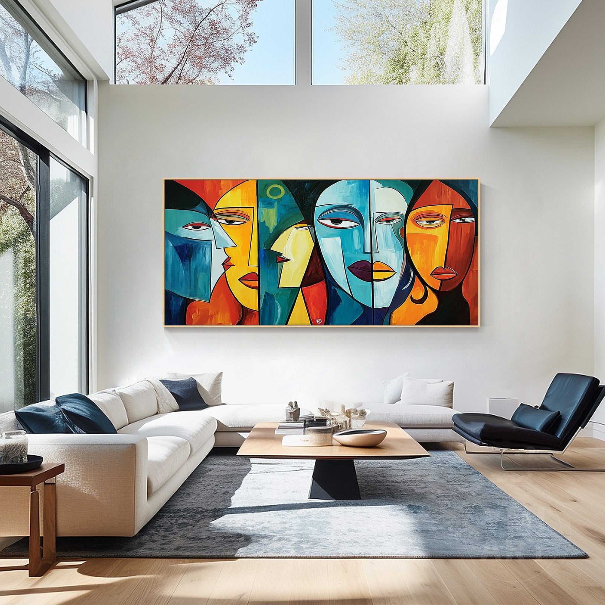 Hand‑painted horizontal cubist geometric abstract face portrait wall art with bold blue orange yellow red tones for modern contemporary maximalist eclectic home decor