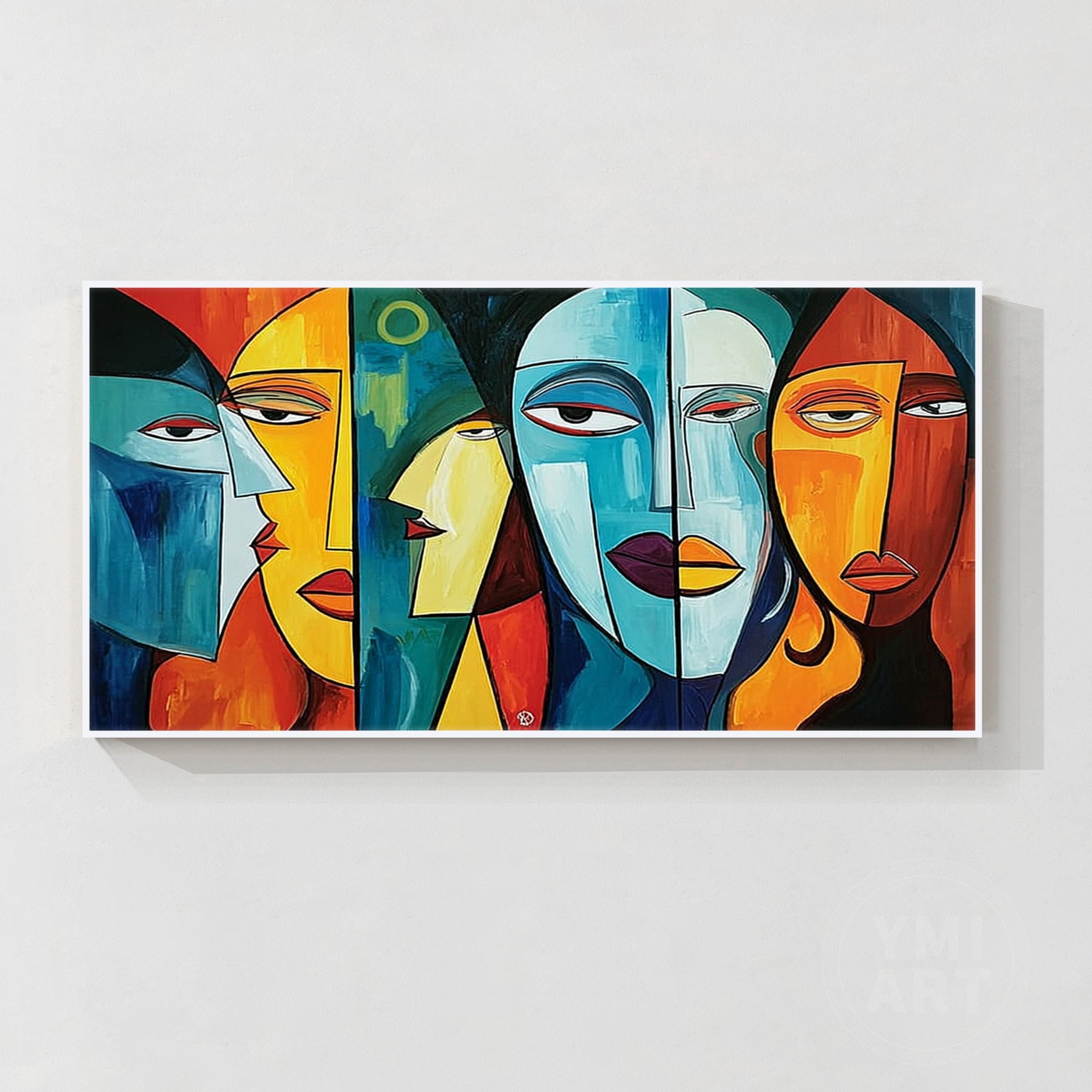Hand‑painted horizontal cubist geometric abstract face portrait wall art with bold blue orange yellow red tones for modern contemporary maximalist eclectic home decor