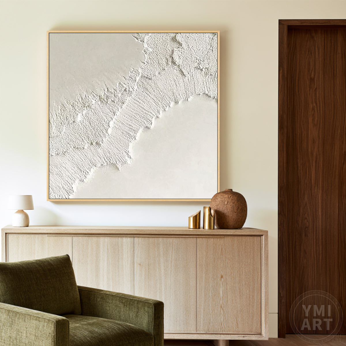 Minimalist white texture painting with raised abstract brushwork