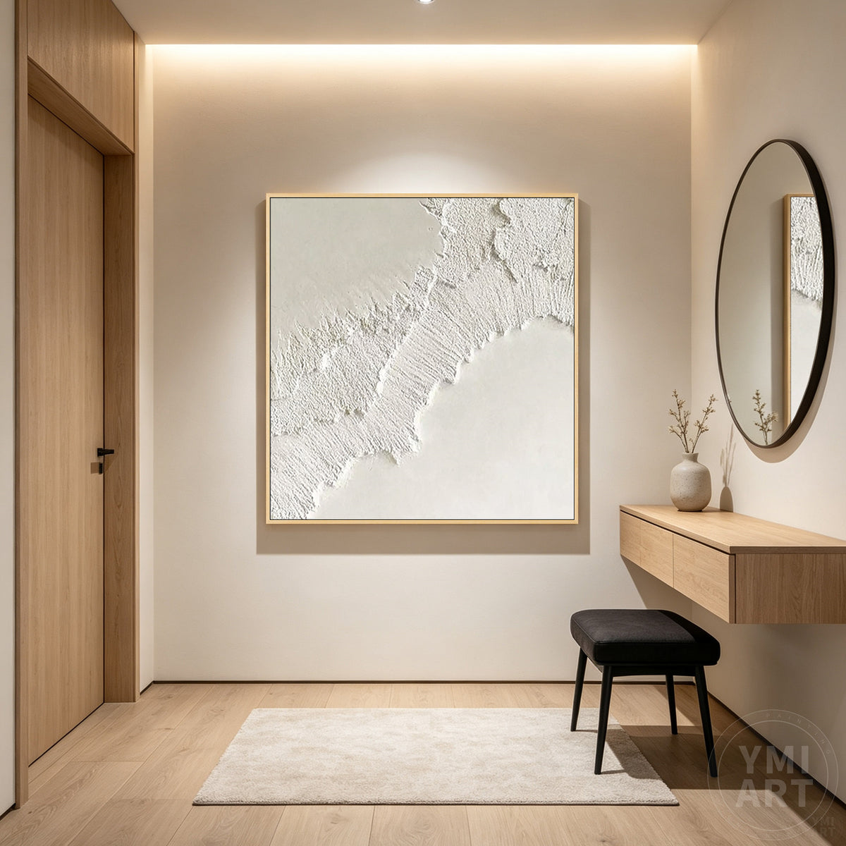 Modern white abstract painting with subtle dimensional texture