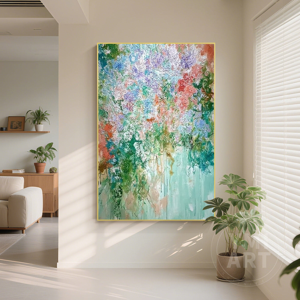 Vertical textured impasto cascading floral oil painting, colorful dripping paint abstract flower canvas wall art