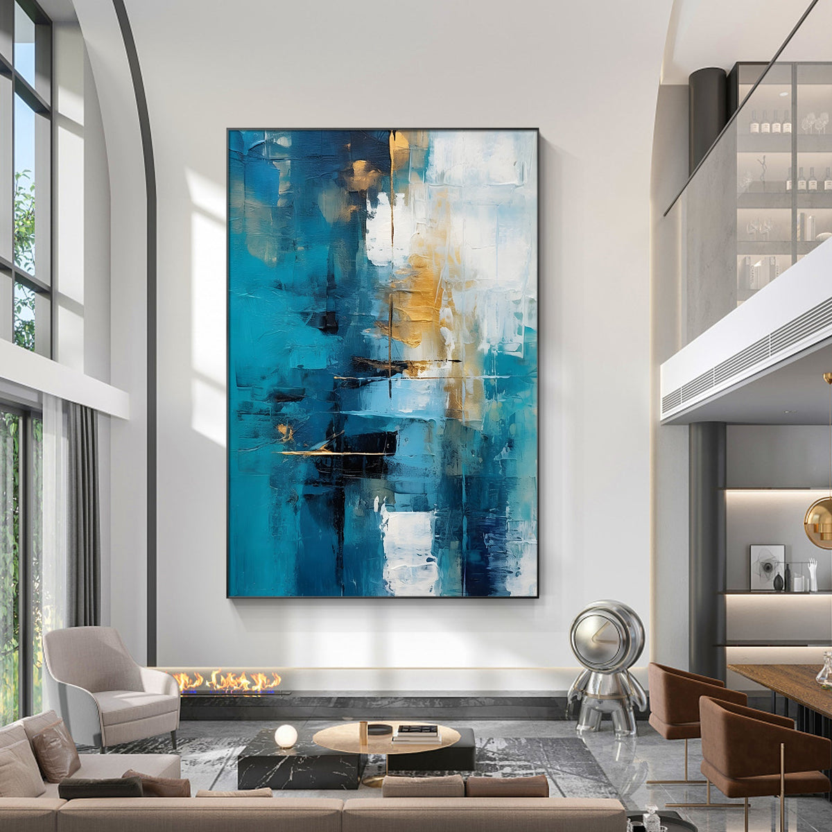 Hand‑painted vertical thick impasto textured abstract wall art with teal blue gold white ocean‑inspired strokes for modern luxury contemporary home decor