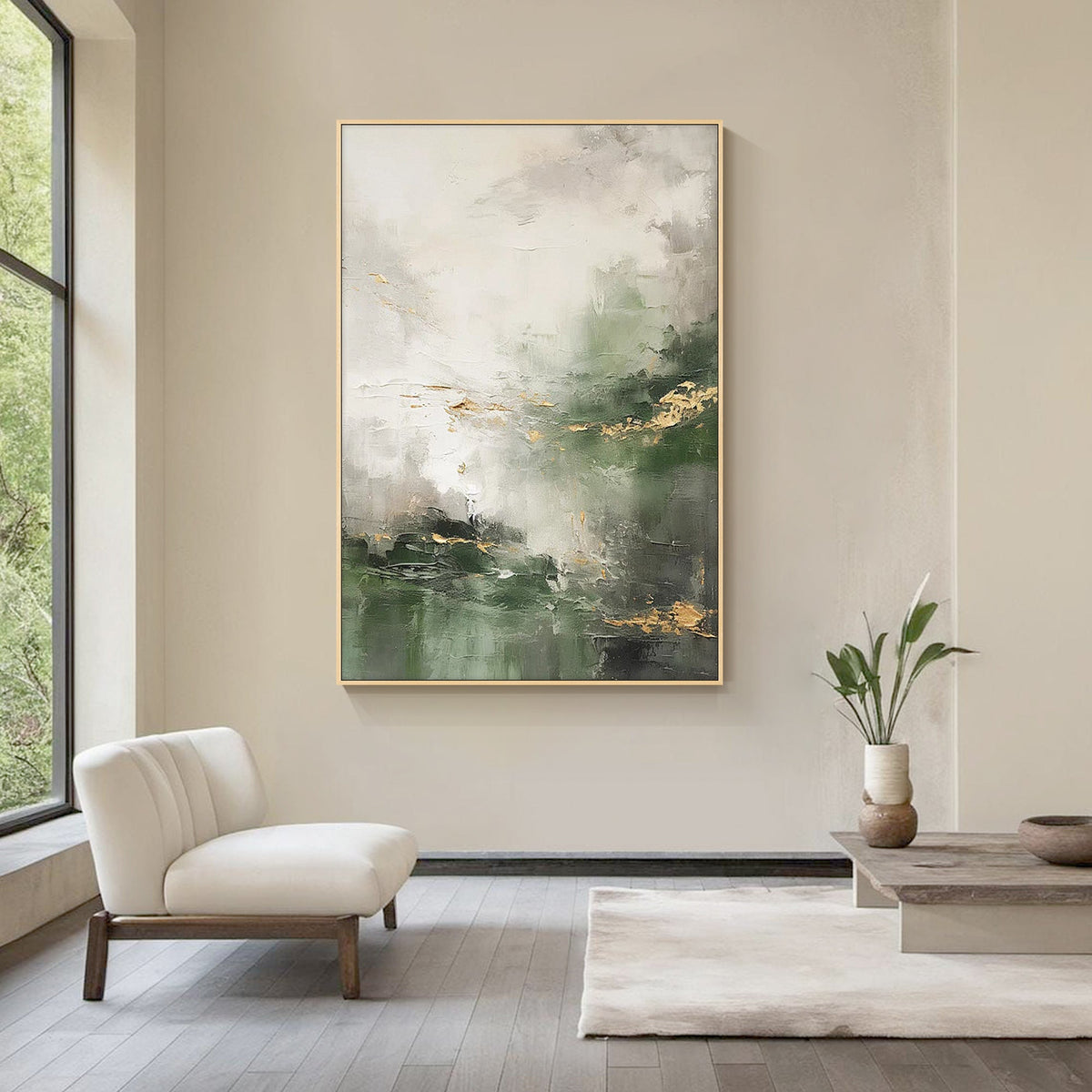  textured sage green gold foil abstract landscape wall art for wabi‑sabi japandi minimalist modern luxury home decor