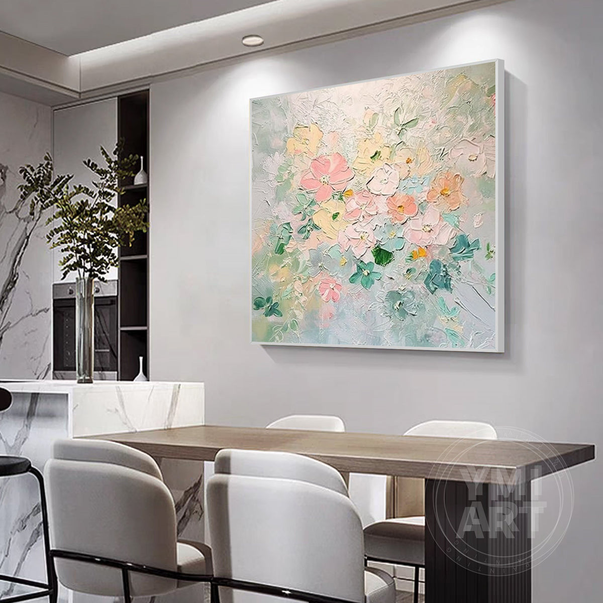 Hand‑painted square thick impasto textured pastel floral wall art with pink yellow green garden blooms and gold frame for cottagecore boho japandi modern home decor