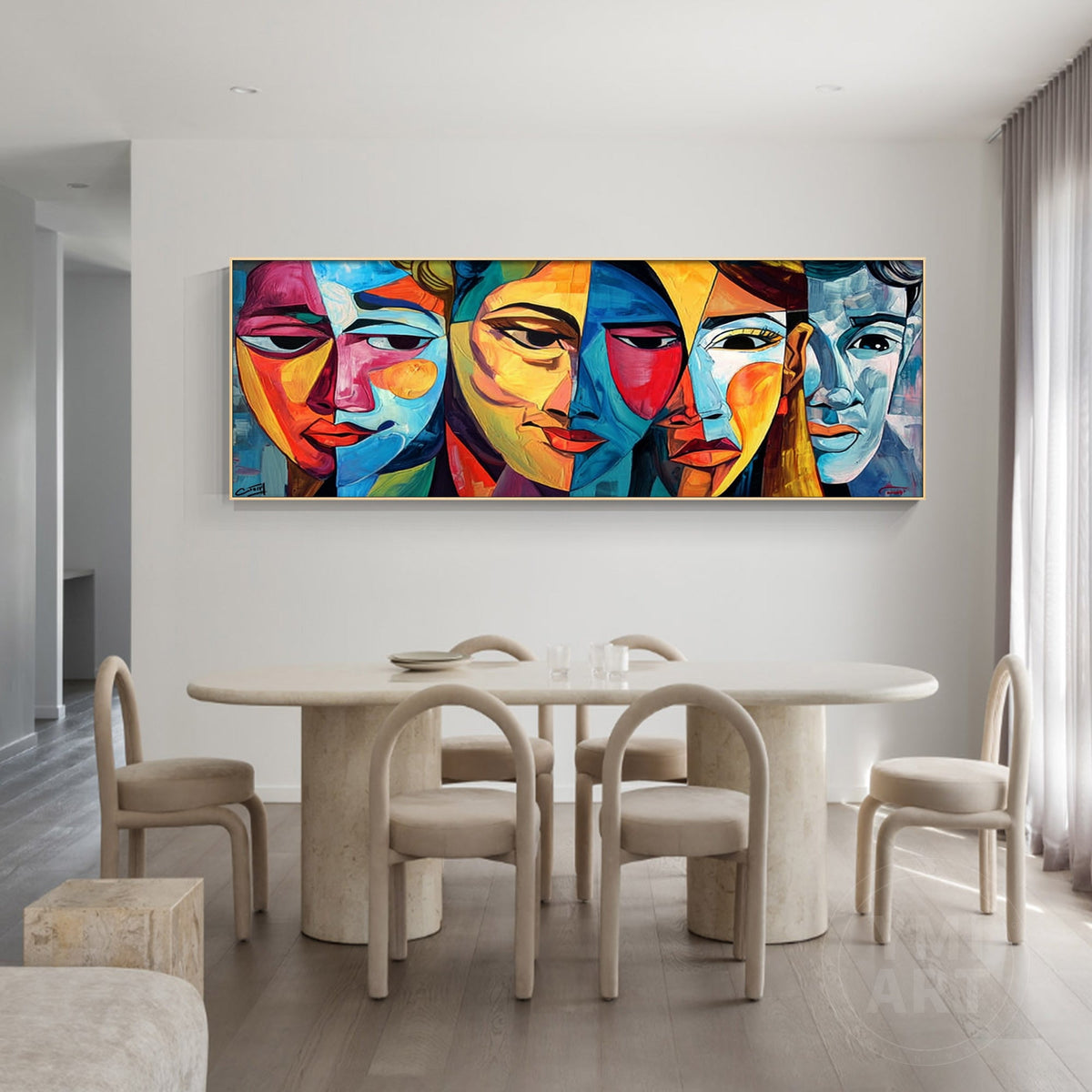 long horizontal thick textured cubist geometric abstract face wall art with vibrant blue yellow red purple tones for modern maximalist eclectic luxury home decor