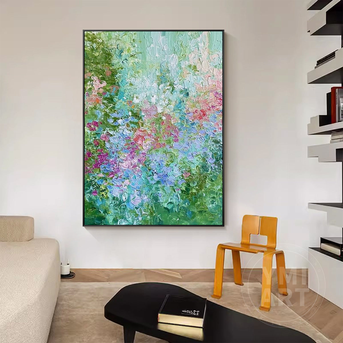Hand‑painted vertical thick impasto textured abstract hydrangea floral wall art with green blue pink purple garden blooms for boho cottagecore modern home decor