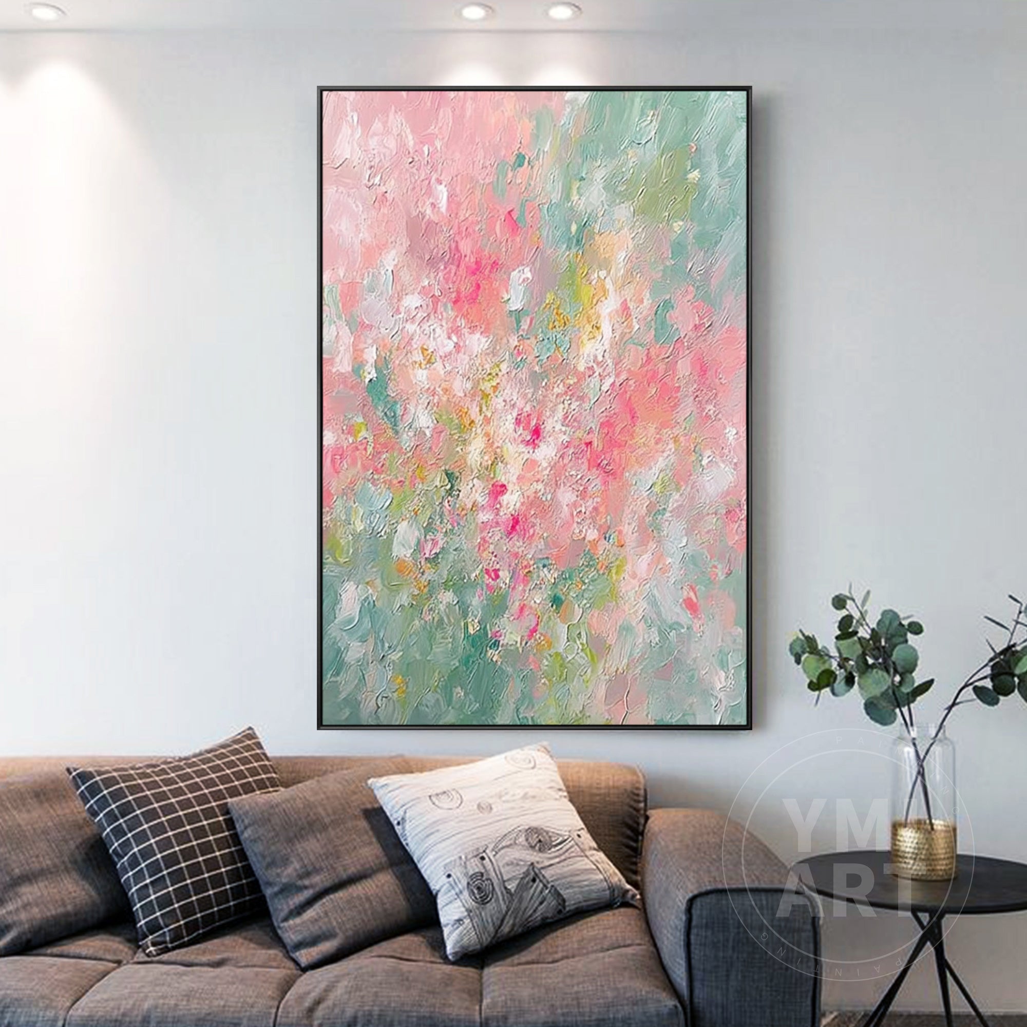 Vertical pink sage green impasto floral oil painting, textured soft pastel abstract spring flower canvas wall art