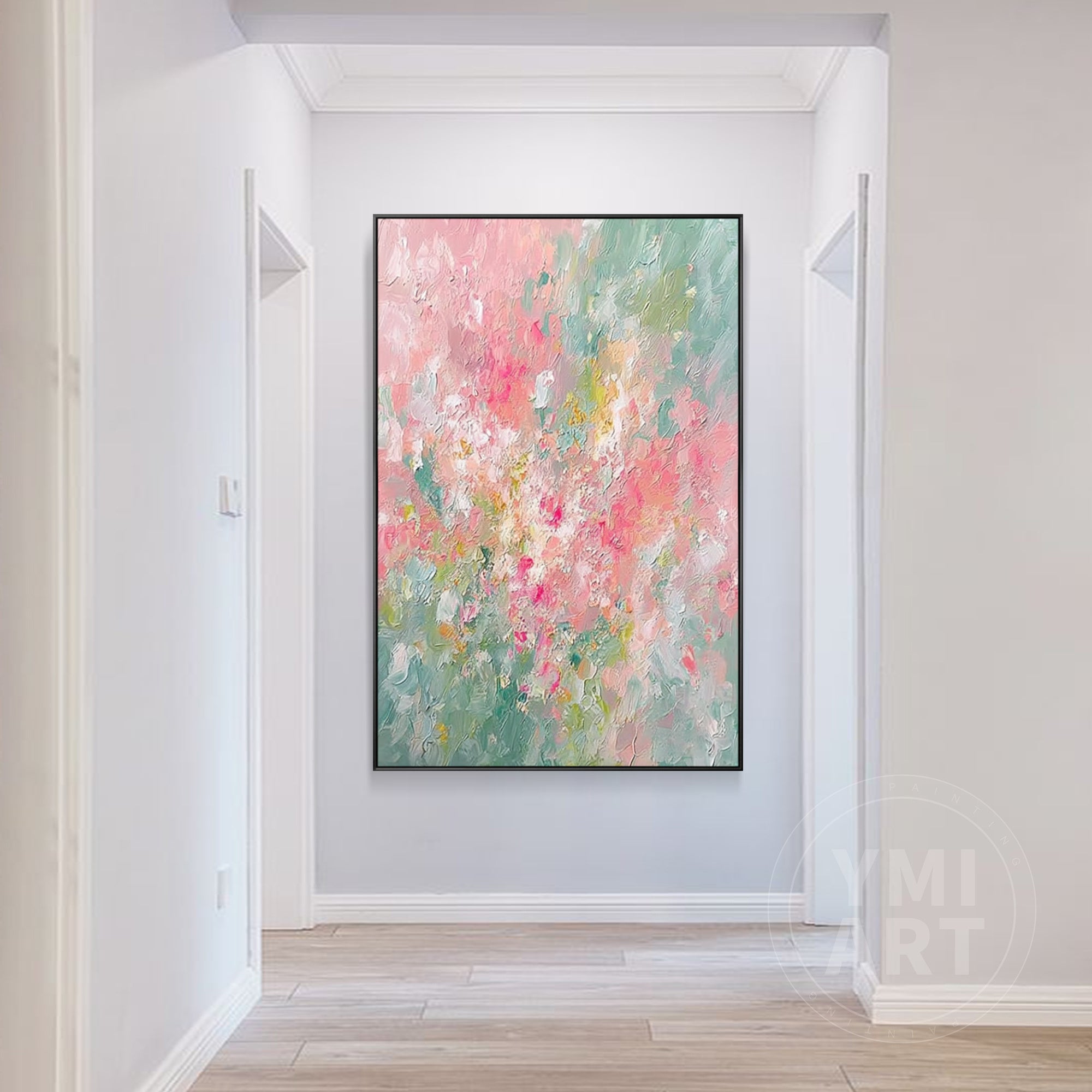 Vertical pink sage green impasto floral oil painting, textured soft pastel abstract spring flower canvas wall art