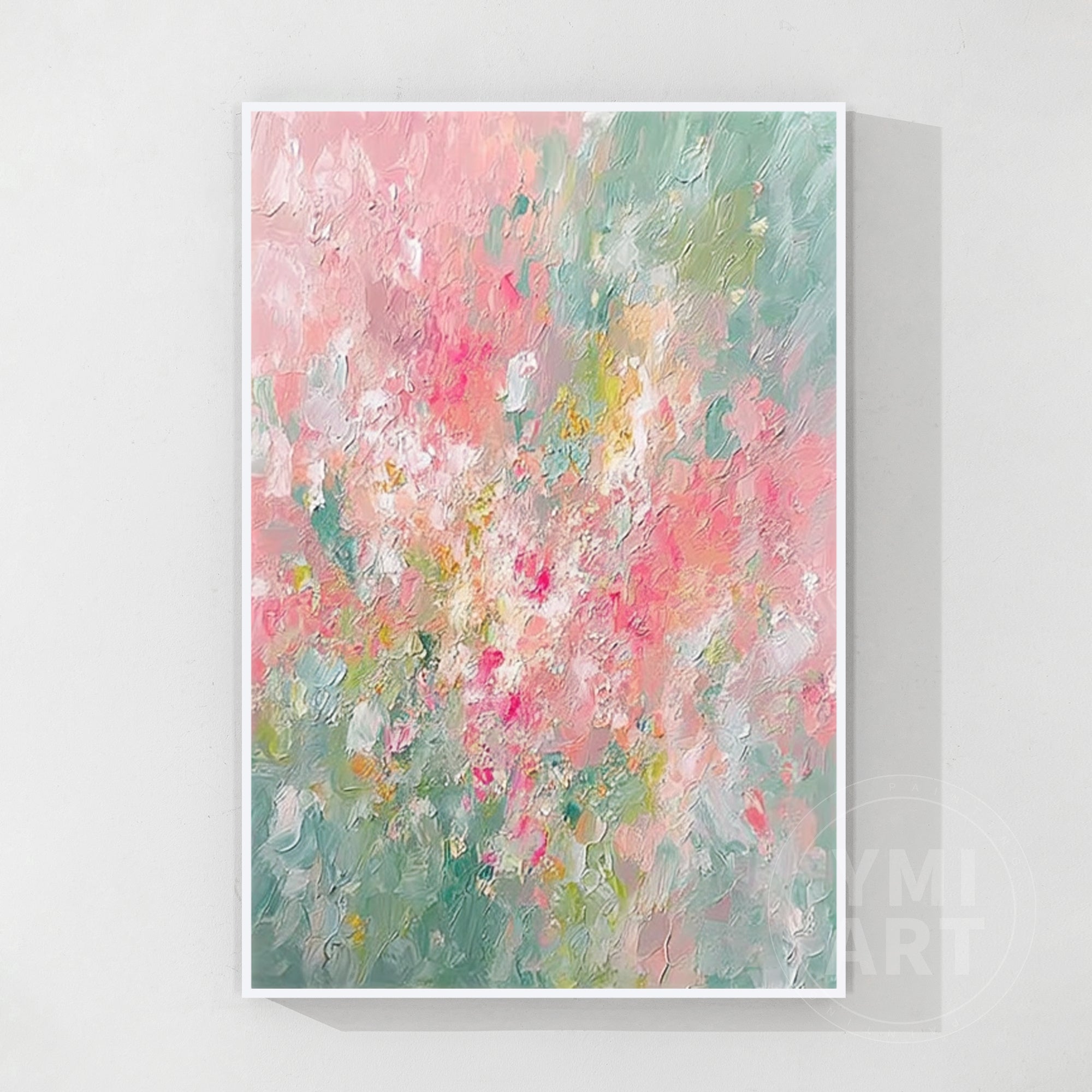 Vertical pink sage green impasto floral oil painting, textured soft pastel abstract spring flower canvas wall art
